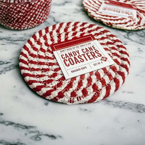Braided Cotton Coasters 4-Pack - Candy Cane Stripe Pattern (Black, Red or Blue)