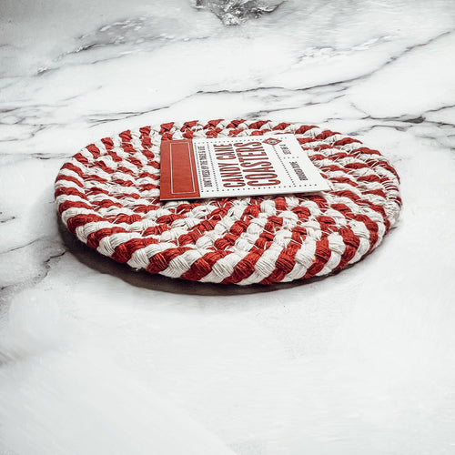 Braided Cotton Coasters 4-Pack - Candy Cane Stripe Pattern (Black, Red or Blue)