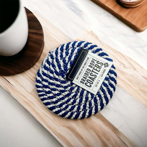 Braided Cotton Coasters 4-Pack - Candy Cane Stripe Pattern (Black, Red or Blue)