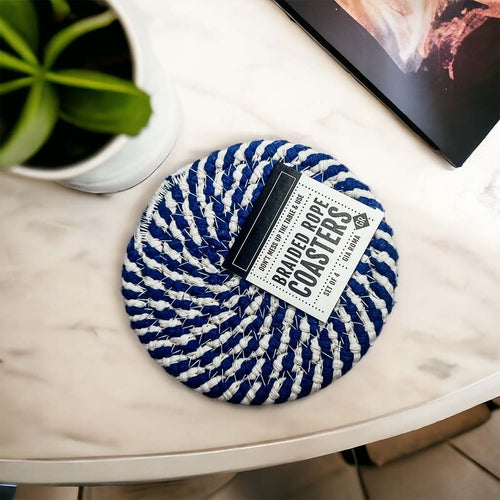Braided Cotton Coasters 4-Pack - Candy Cane Stripe Pattern (Black, Red or Blue)