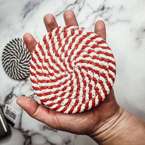Braided Cotton Coasters 4-Pack - Candy Cane Stripe Pattern (Black, Red or Blue)