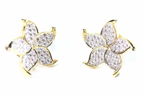 Five Petal Flower Stud Earrings - Gold Tone Pave Cubic Zirconia