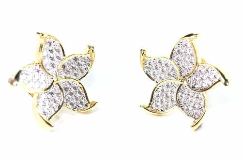 Five Petal Flower Stud Earrings - Gold Tone Pave Cubic Zirconia