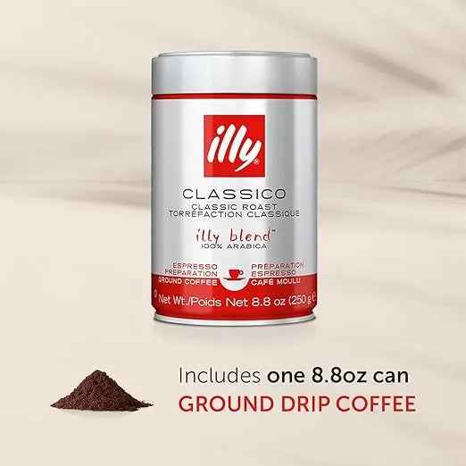 Illy Classico Medium Roast Ground Drip Coffee – 100% Arabica, Chocolate & Caramel Notes, 8.8 oz Can