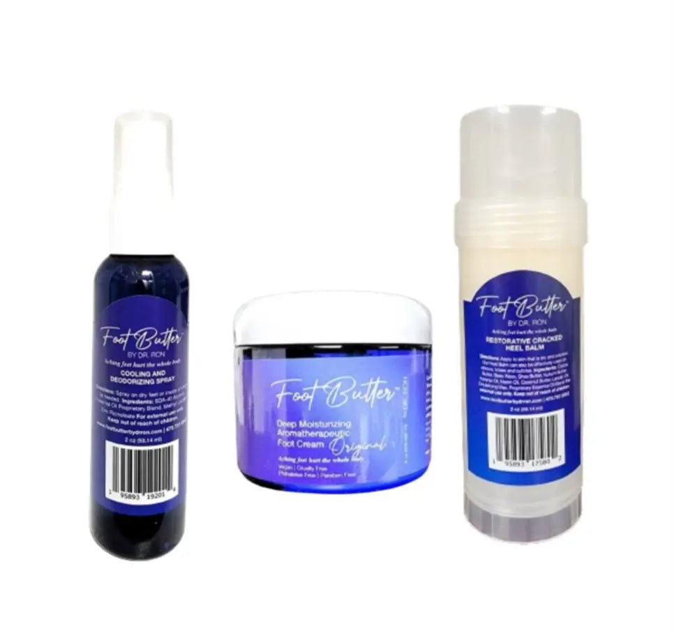 Foot Care Bundle – Lavender Jasmine Foot Butter, Cracked Heel Balm, Cooling Spray & Pumice Scrubber by Foot Butter by Dr Ron