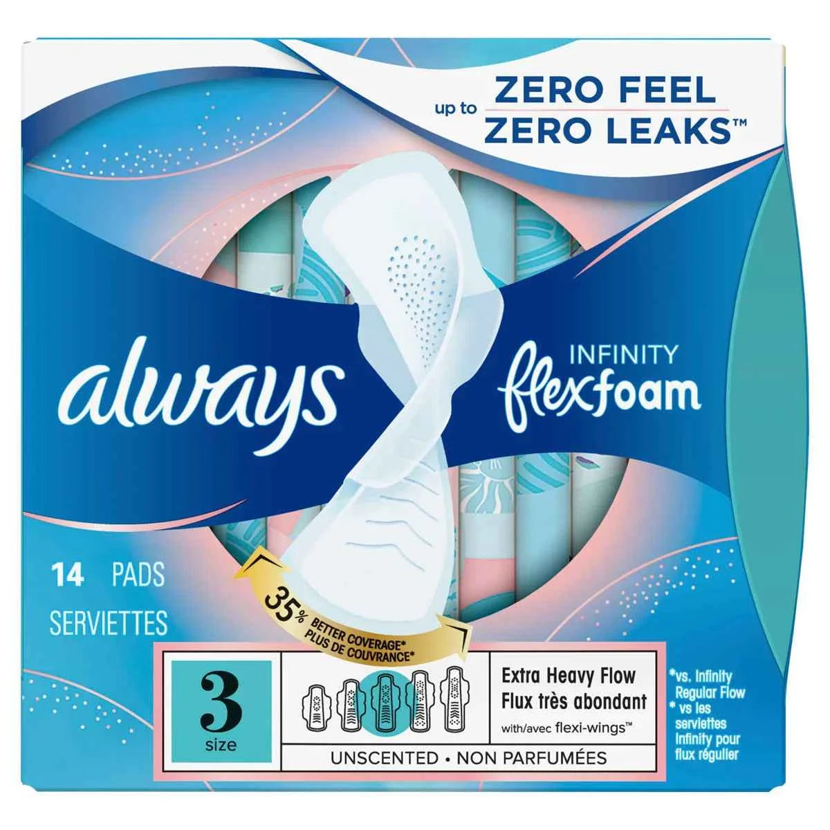 Always Infinity Size 3 Extra Heavy Flow Pads with Wings Unscented 14 count