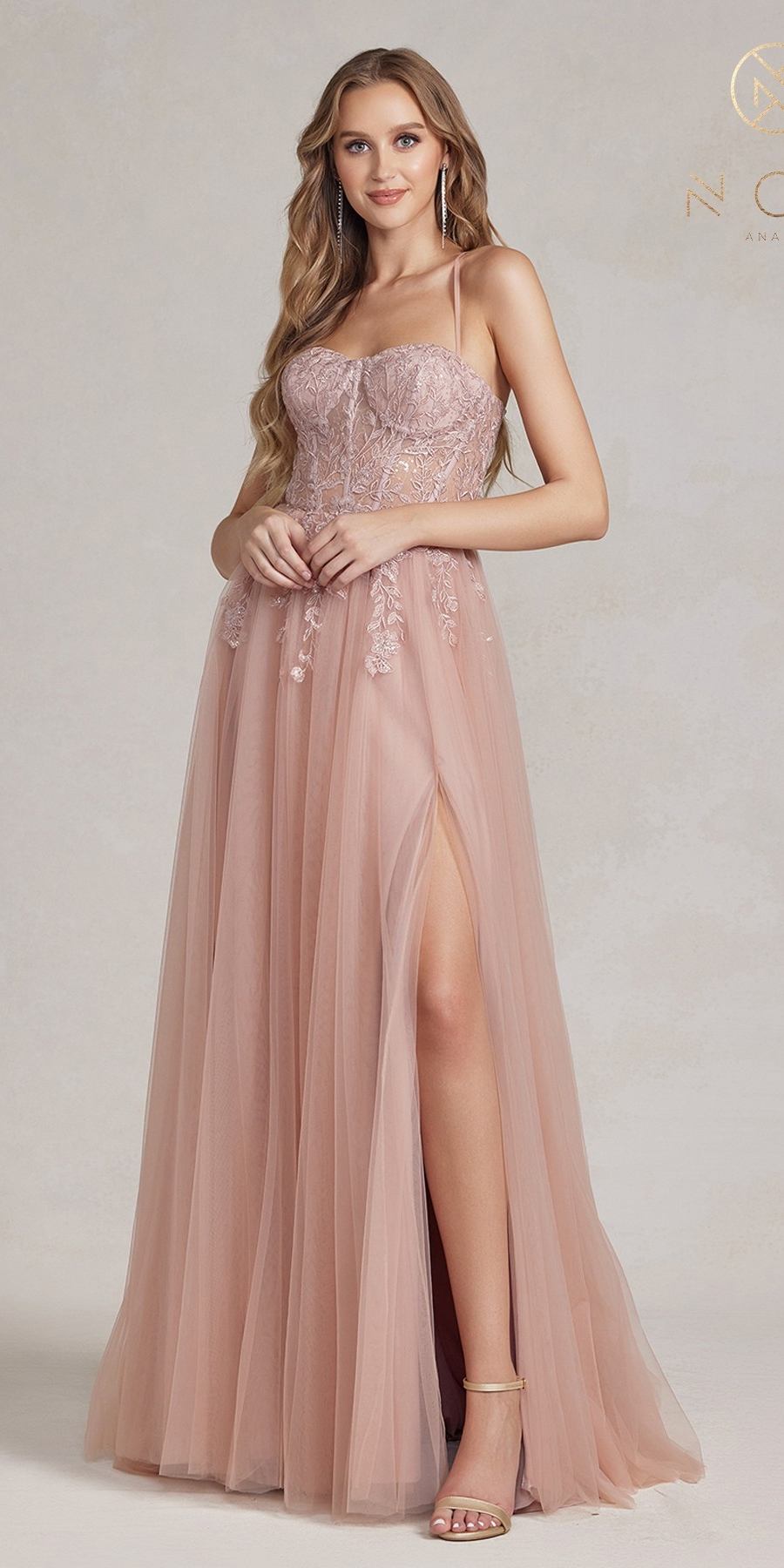 Nox Anabel J1089 Floor Length A-Line Tulle Gown with Slit by DiscountDressShop