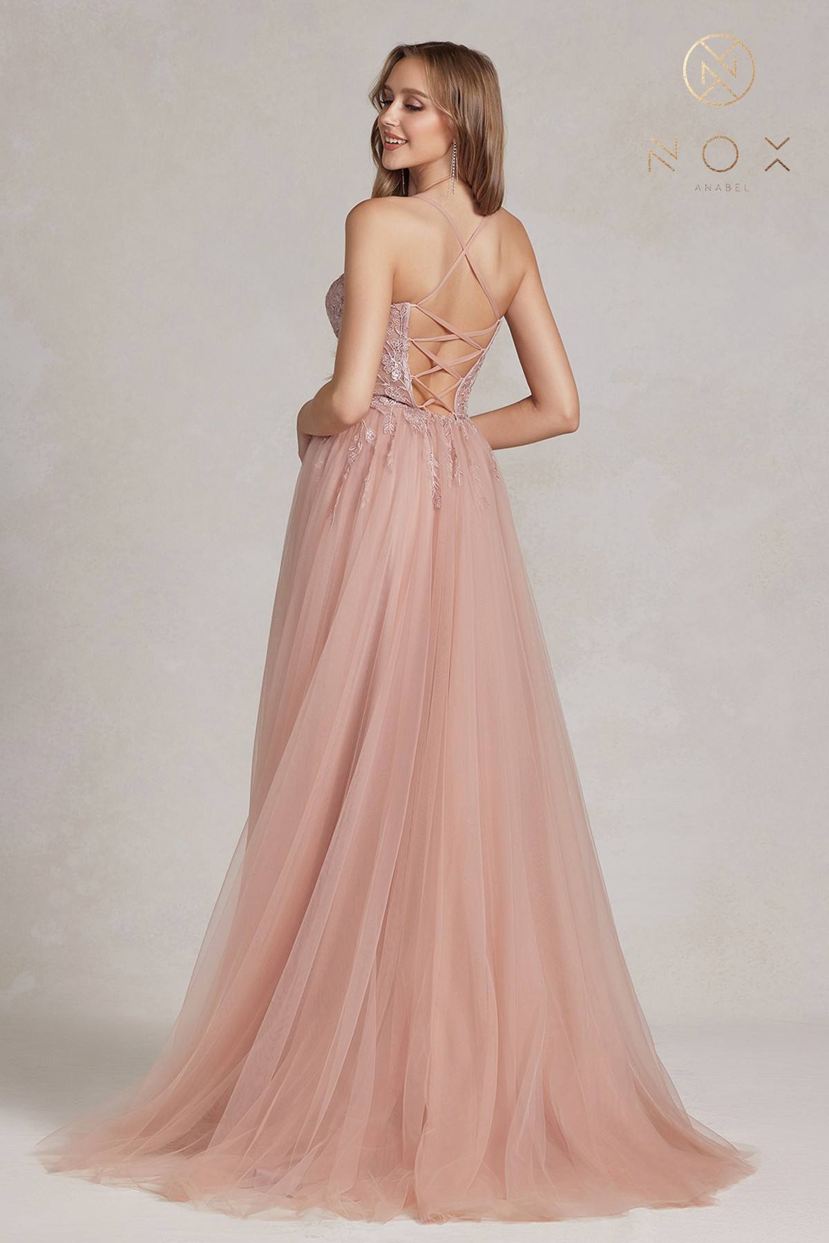 Nox Anabel J1089 Floor Length A-Line Tulle Gown with Slit by DiscountDressShop