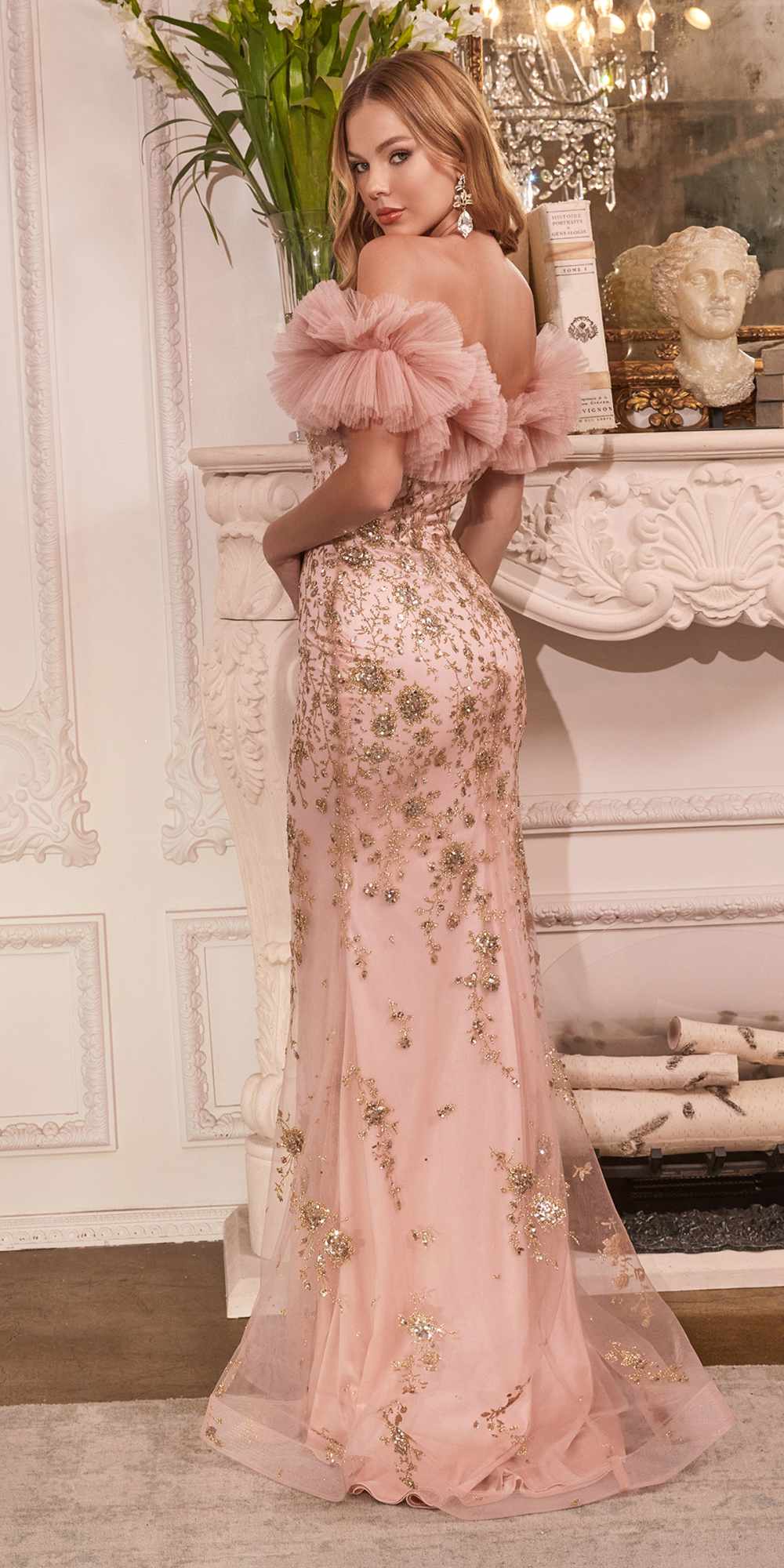 Cinderella Divine J818 Gathered Tulle Off the Shoulder Fitted Gown by DiscountDressShop