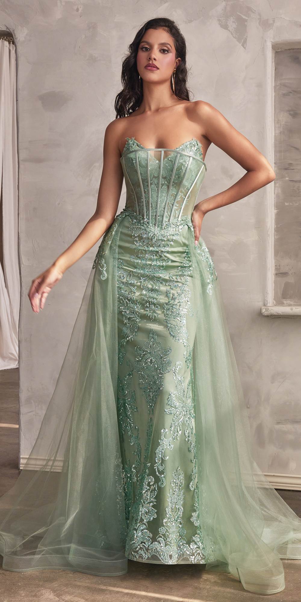 Ladivine J858 Long Strapless Glitter Mermaid Gown Removable Tulle Skirt by DiscountDressShop
