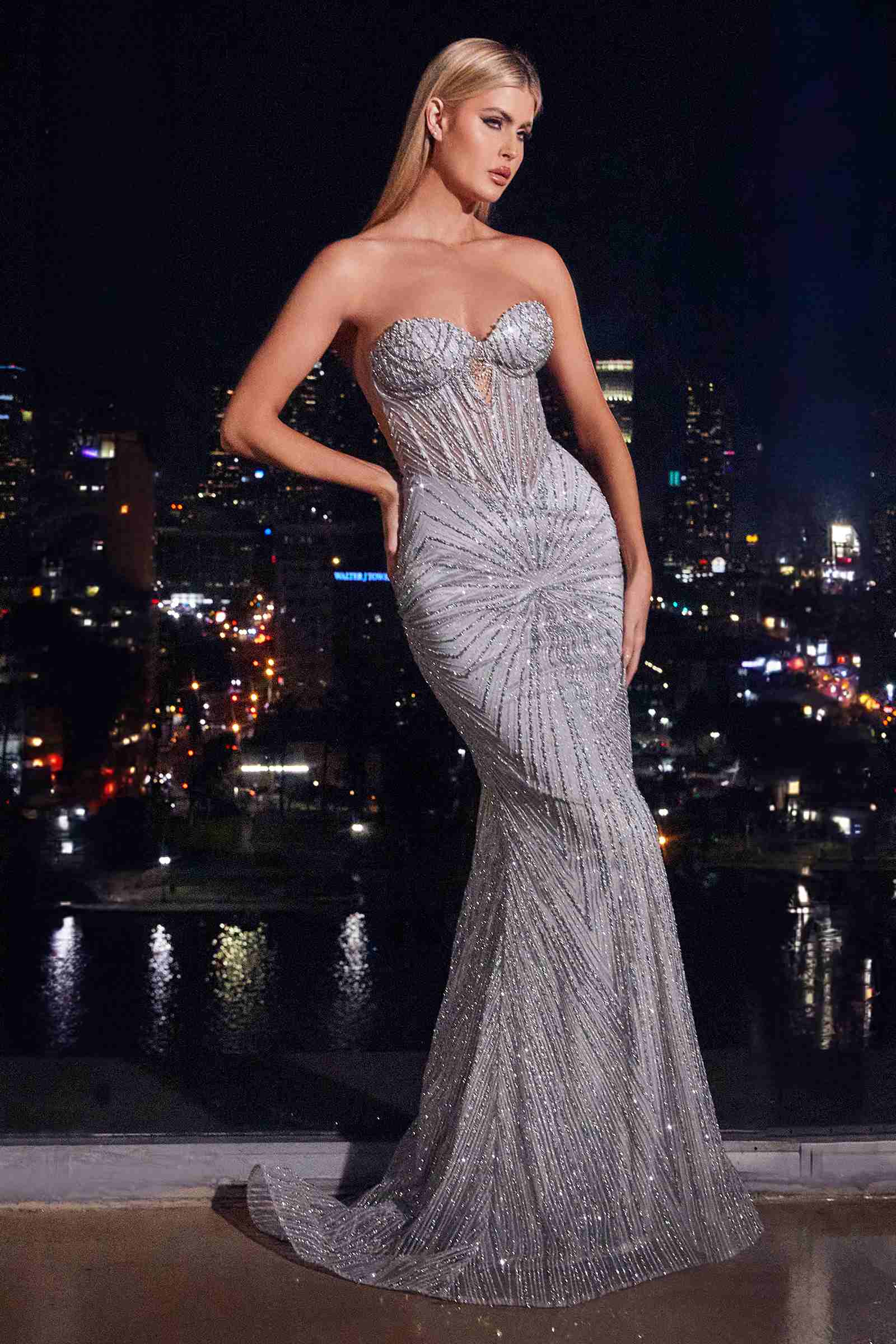 Ladivine J871 Long Sultry Fitted Strapless Embellished Prom Gown DestGlow