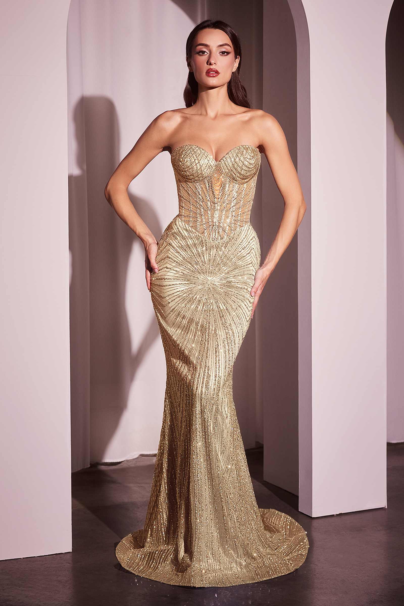 Ladivine J871 Long Sultry Fitted Strapless Embellished Prom Gown DestGlow