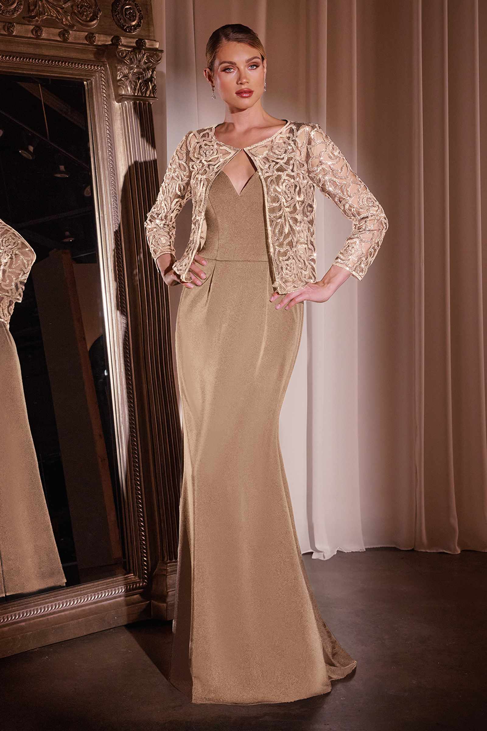 Ladivine J881 Long Fit and Flare Crepe Gown With Removable Jacket by DiscountDressShop