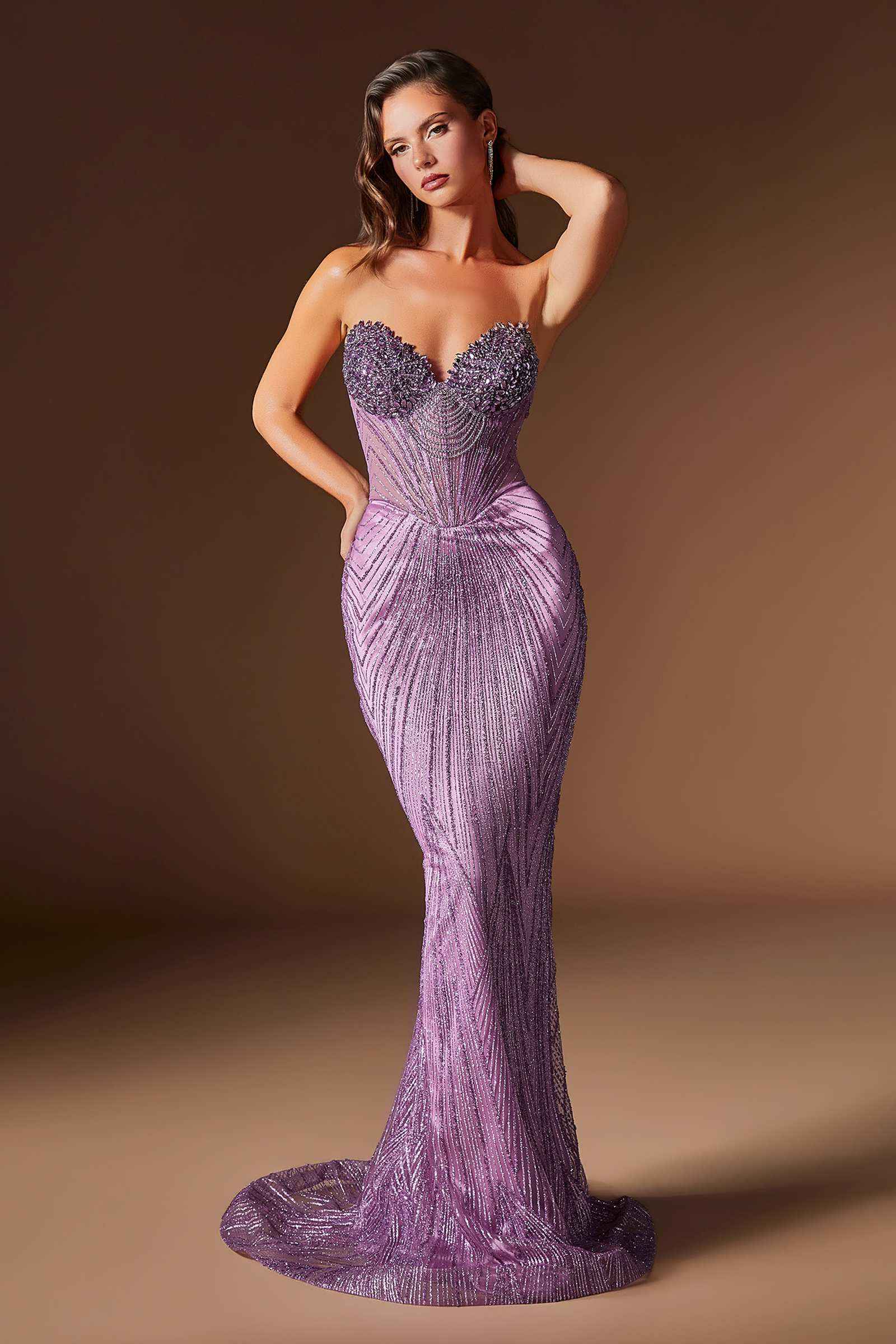 CLEARANCE - Ladivine J903 Crystal Sheer Corset Bodice Fitted Gold Gown (Size 6) DestGlow