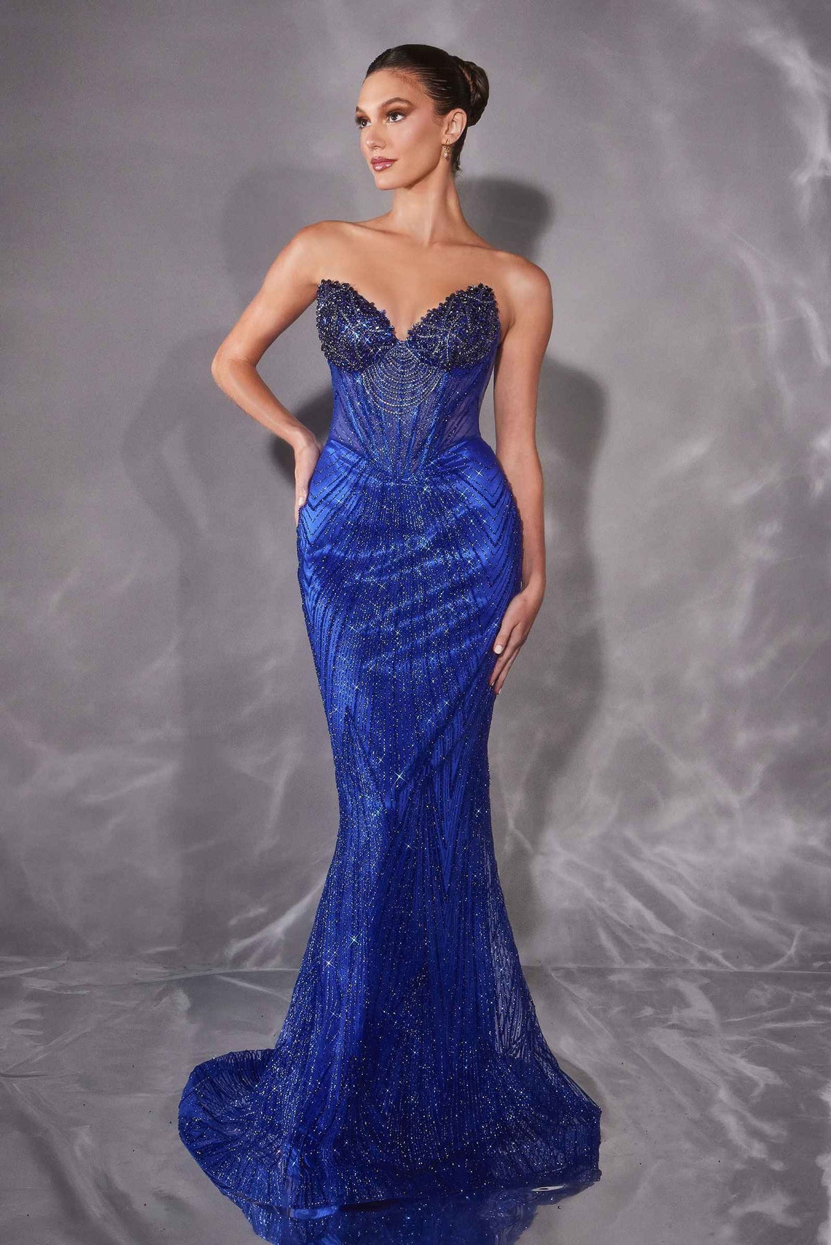 CLEARANCE - Ladivine J903 Crystal Sheer Corset Bodice Fitted Gold Gown (Size 6) DestGlow