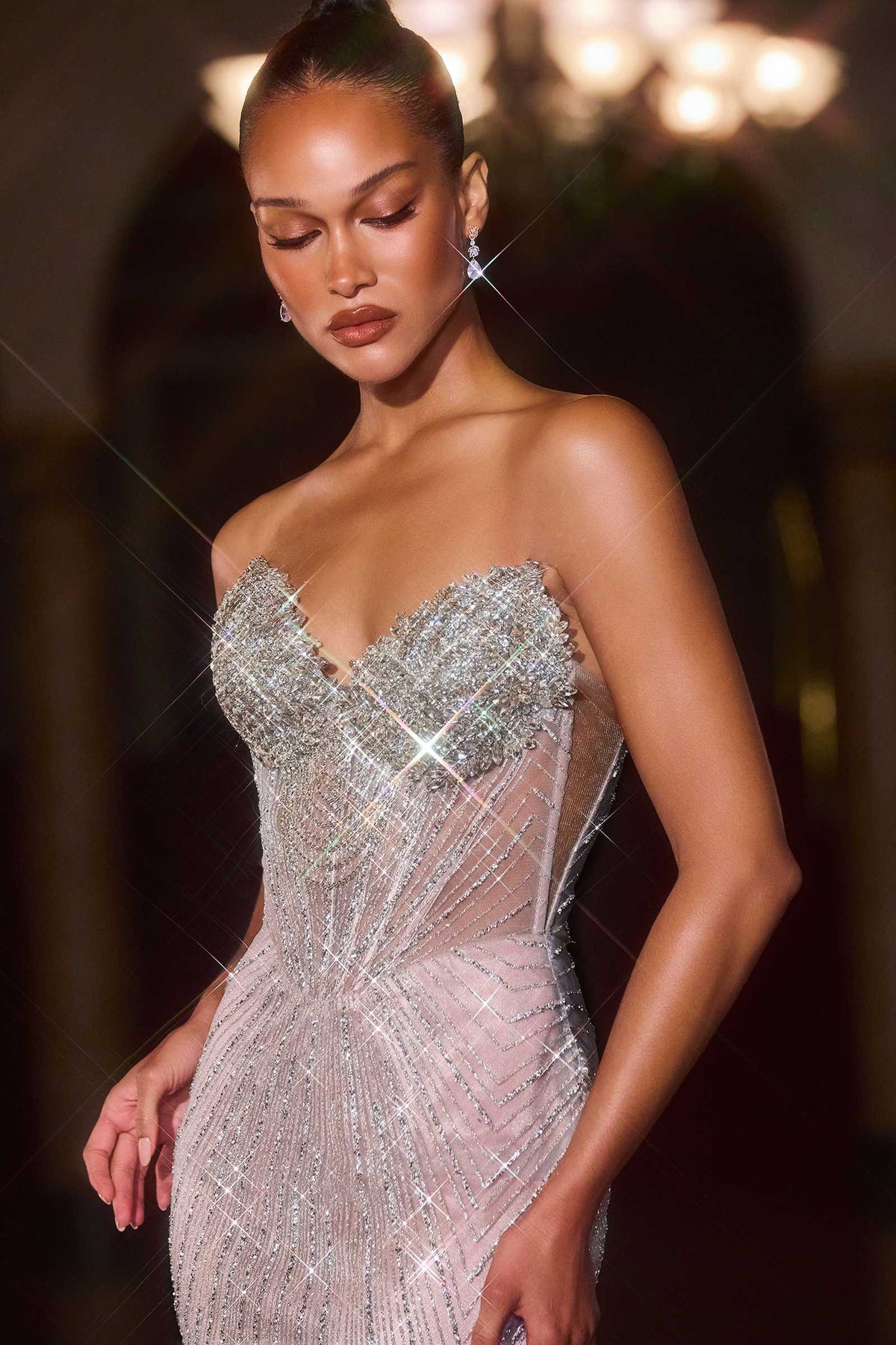 CLEARANCE - Ladivine J903 Crystal Sheer Corset Bodice Fitted Gold Gown (Size 6) DestGlow