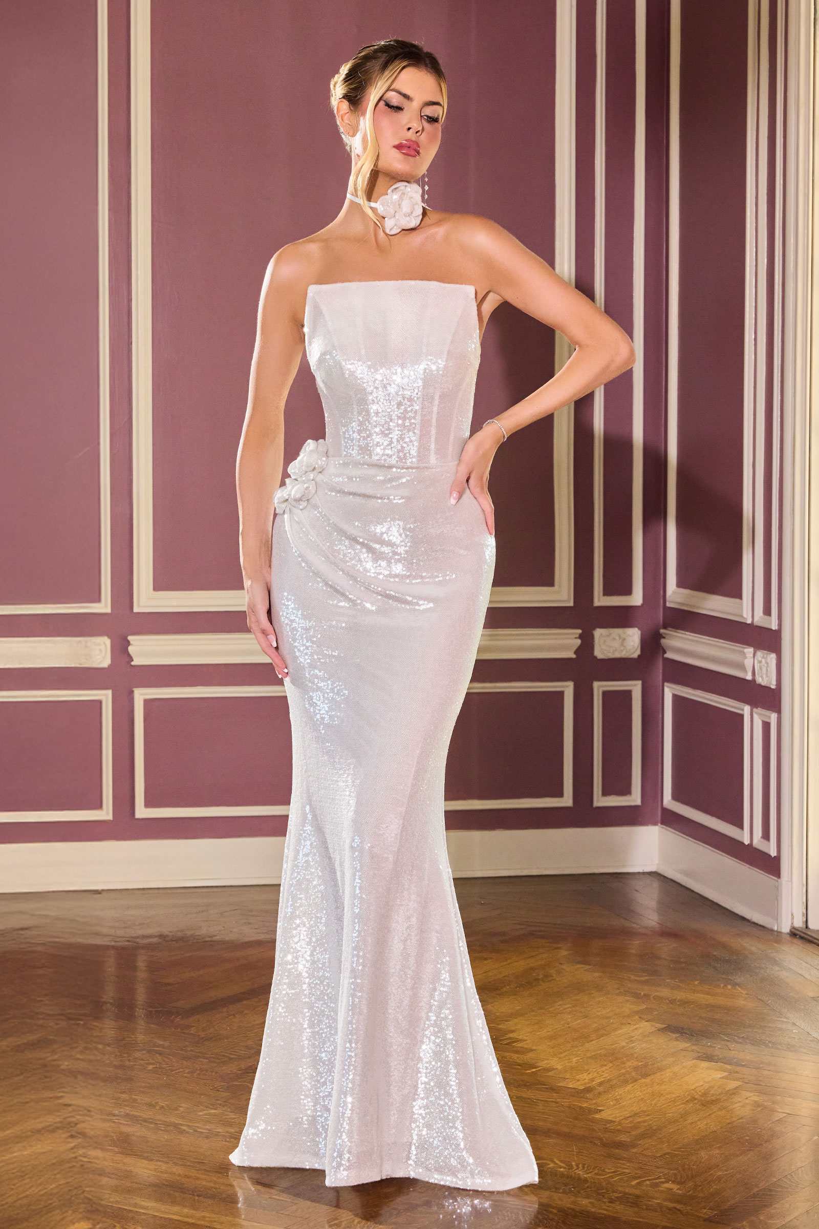 Ladivine J905 Sleek Strapless Sequin Side Illusion Modern Fitted Gown by DiscountDressShop