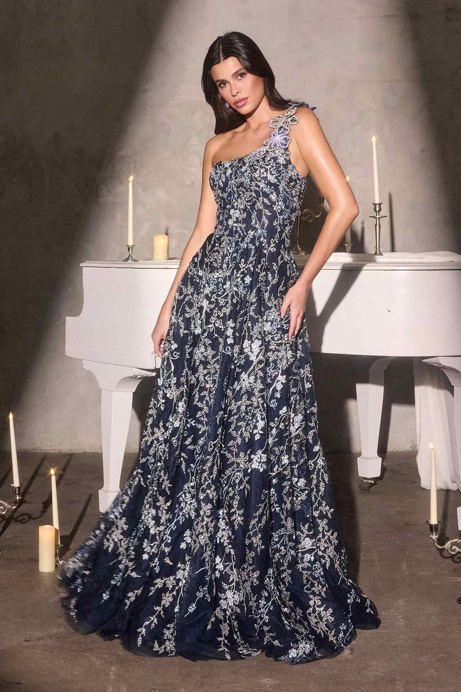 Ladivine J909 One Shoulder 3D Floral Applique Full Lace Beaded A-Line Gown by DiscountDressShop