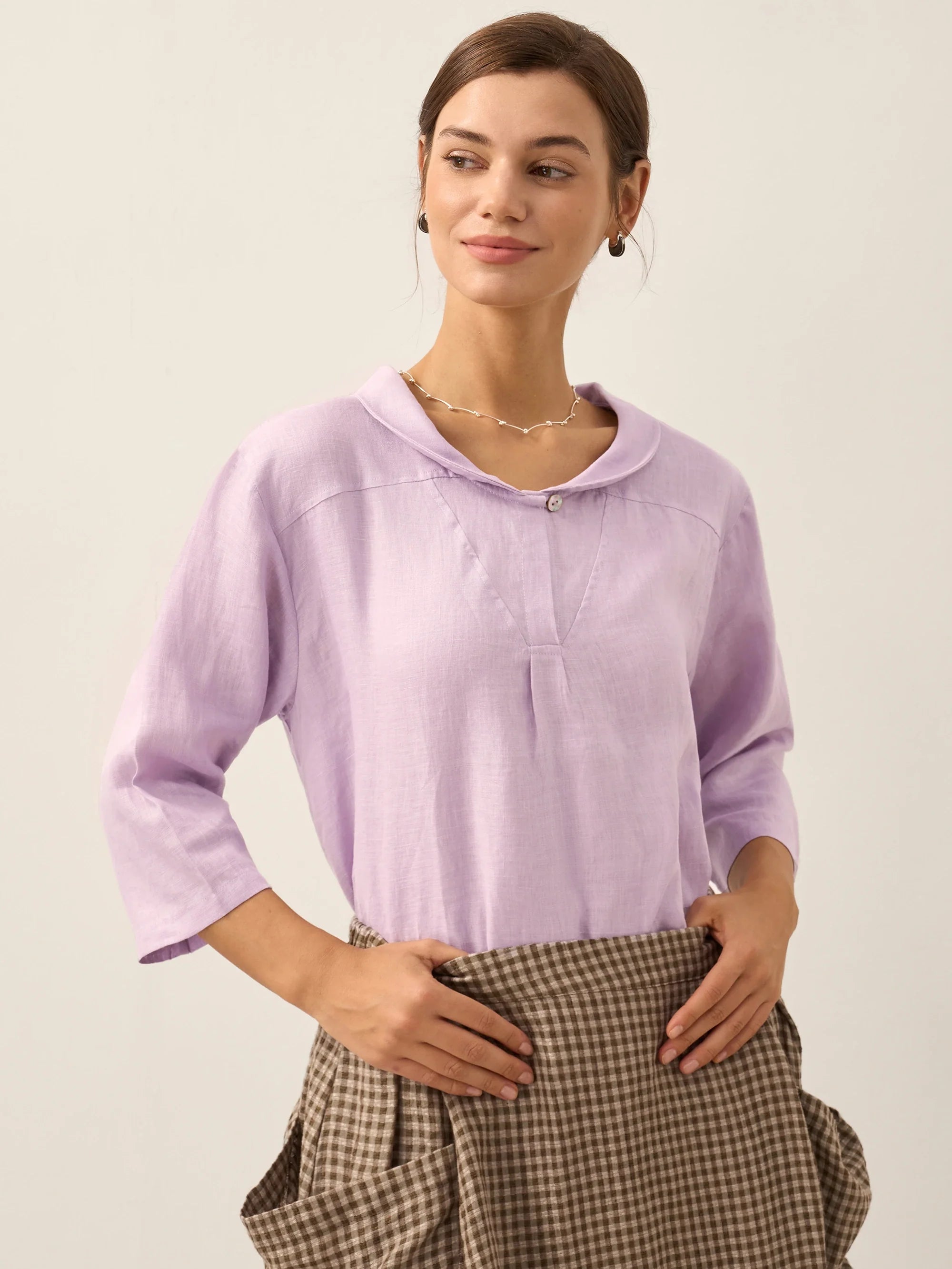 100% Linen Shawl V-Neck Half Sleeve Top JADE by LINTICO