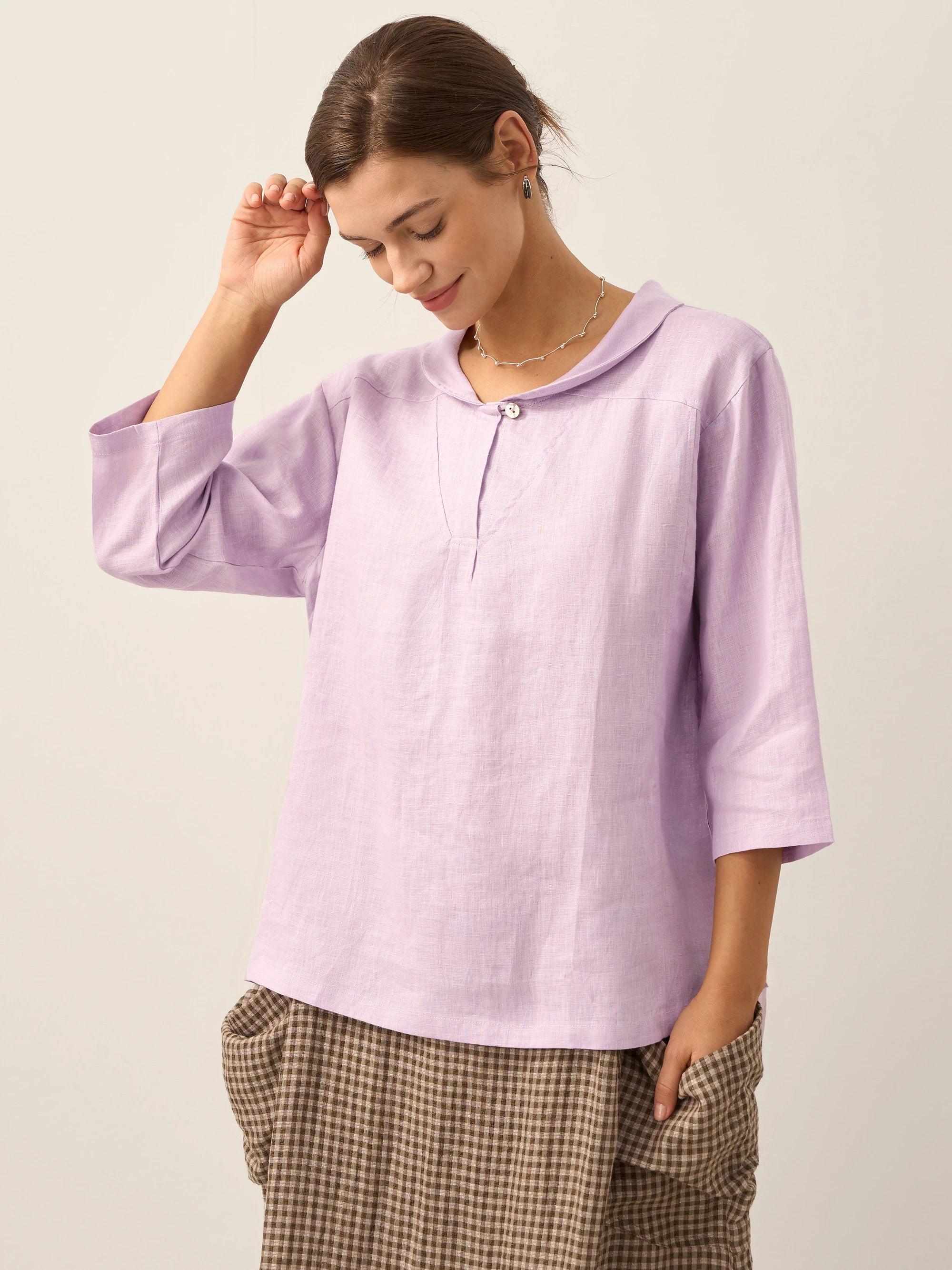100% Linen Shawl V-Neck Half Sleeve Top JADE by LINTICO
