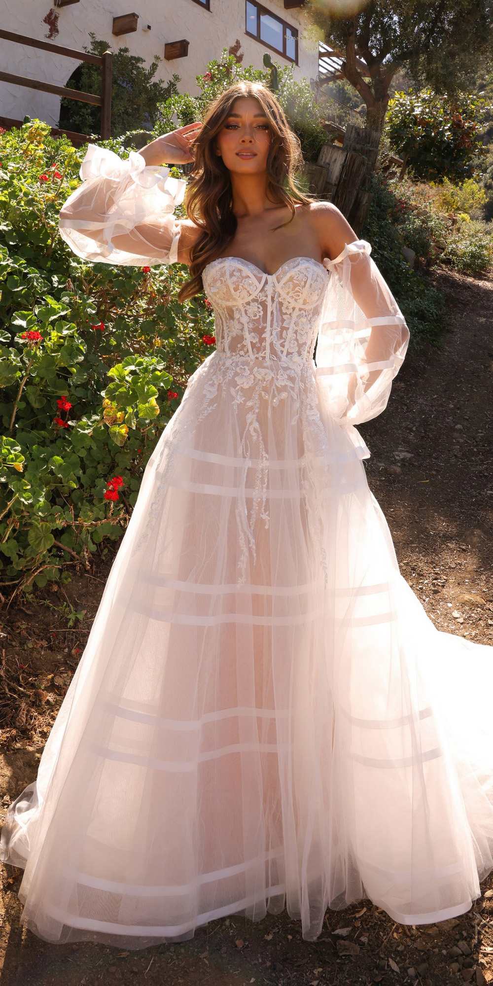Nox Anabel JE1001L Long Puff Sleeve Strapless Corset A-Line Bridal Gown by DiscountDressShop