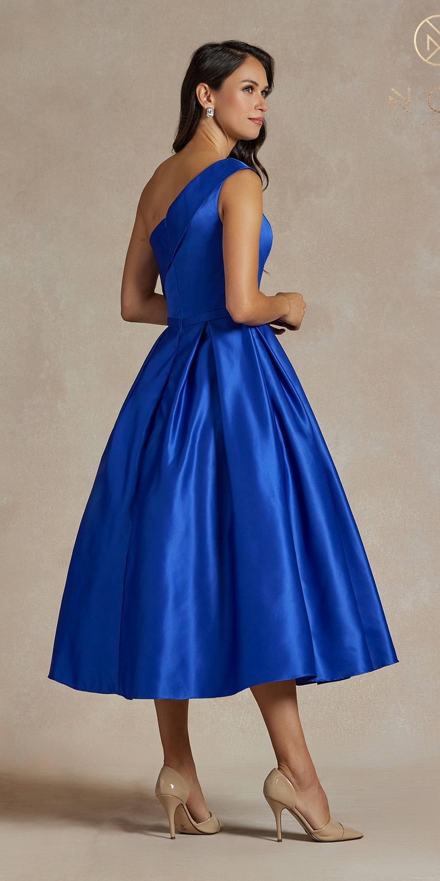 Nox Anabel JE931 One Shoulder Satin Tea Length Gown by DiscountDressShop