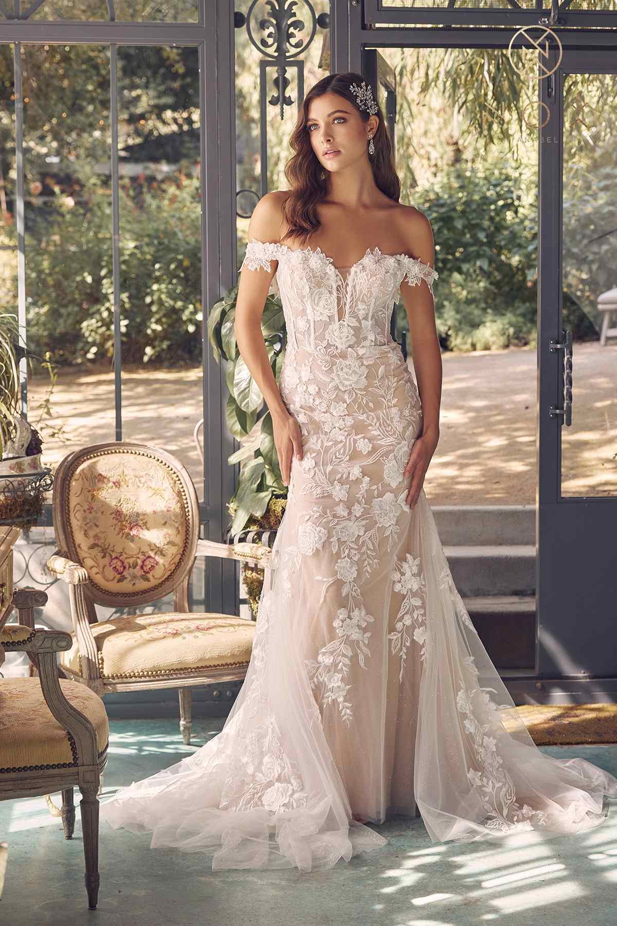 Nox Anabel JE974 Long Off Shoulder Fitted Embroidered Wedding Gown by DiscountDressShop