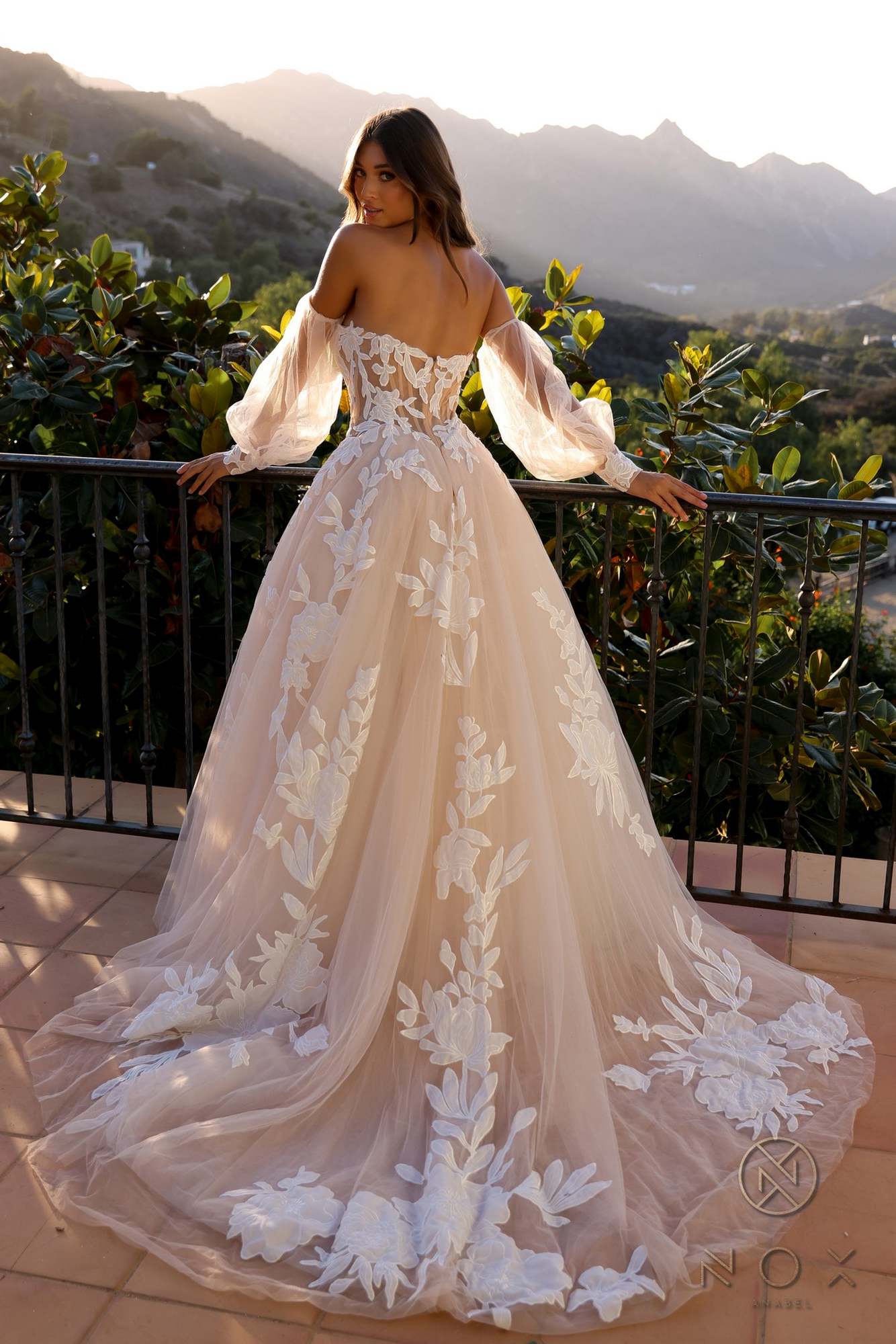 Nox Anabel JE990L Long Puff Sleeve Strapless Corset A-Line Bridal Gown by DiscountDressShop