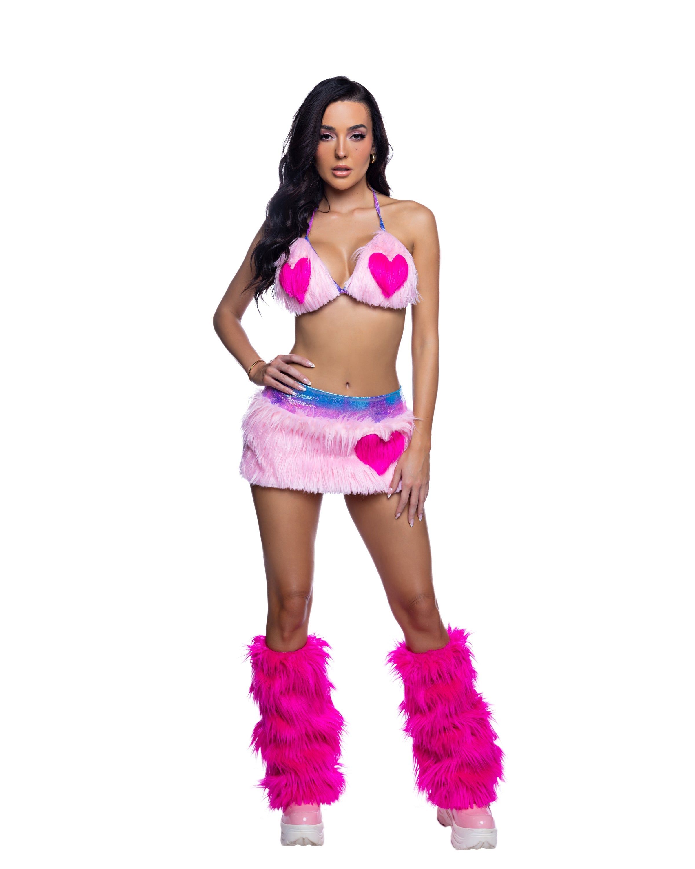 Faux Fur Heart Halter Top & Mini Skirt Rave Set