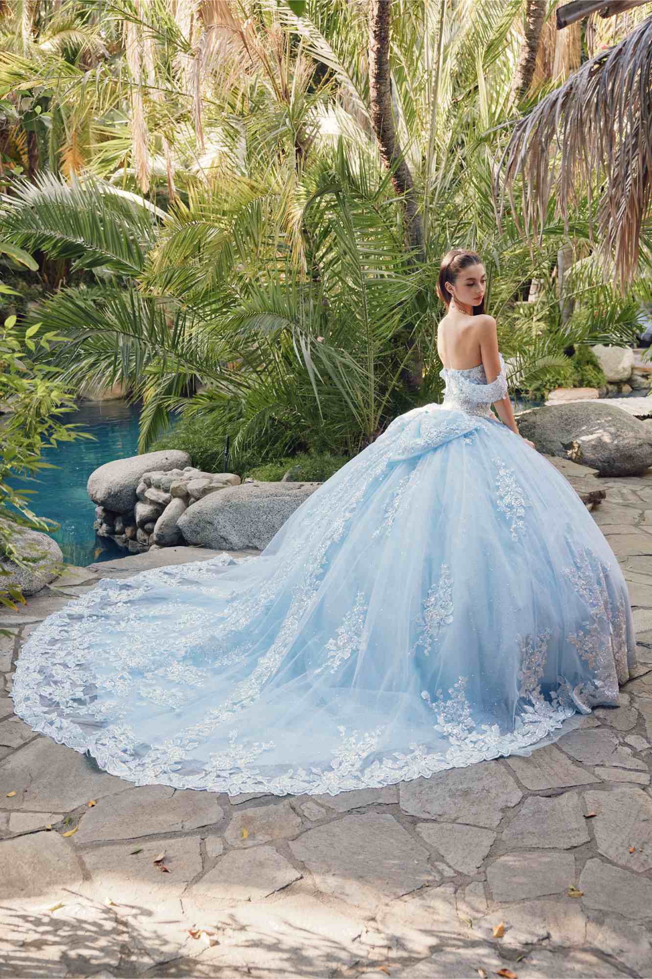 Juliet JT1458J Off the Shoulder Draped Sleeve Cathedral Train Quince Dress by DiscountDressShop