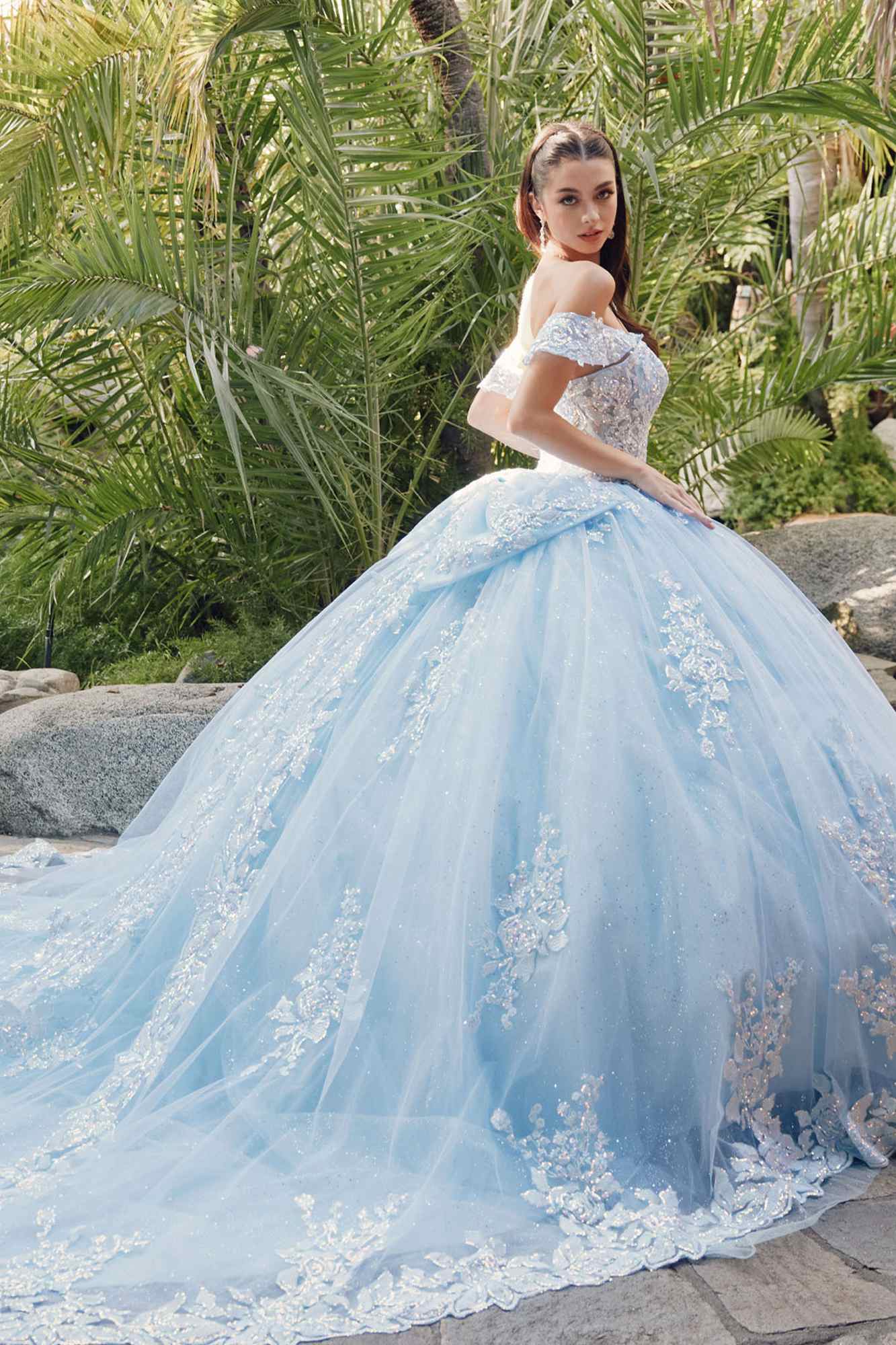 Juliet JT1458J Off the Shoulder Draped Sleeve Cathedral Train Quince Dress by DiscountDressShop