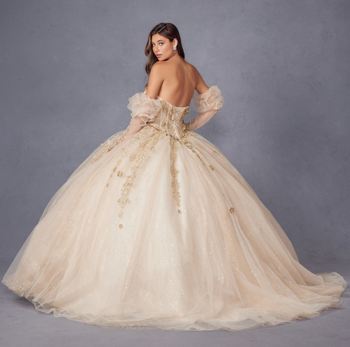 Juliet JT1465H Dress 3d Flowers Applique Puff Sleeve Quinceanera Dress by DiscountDressShop