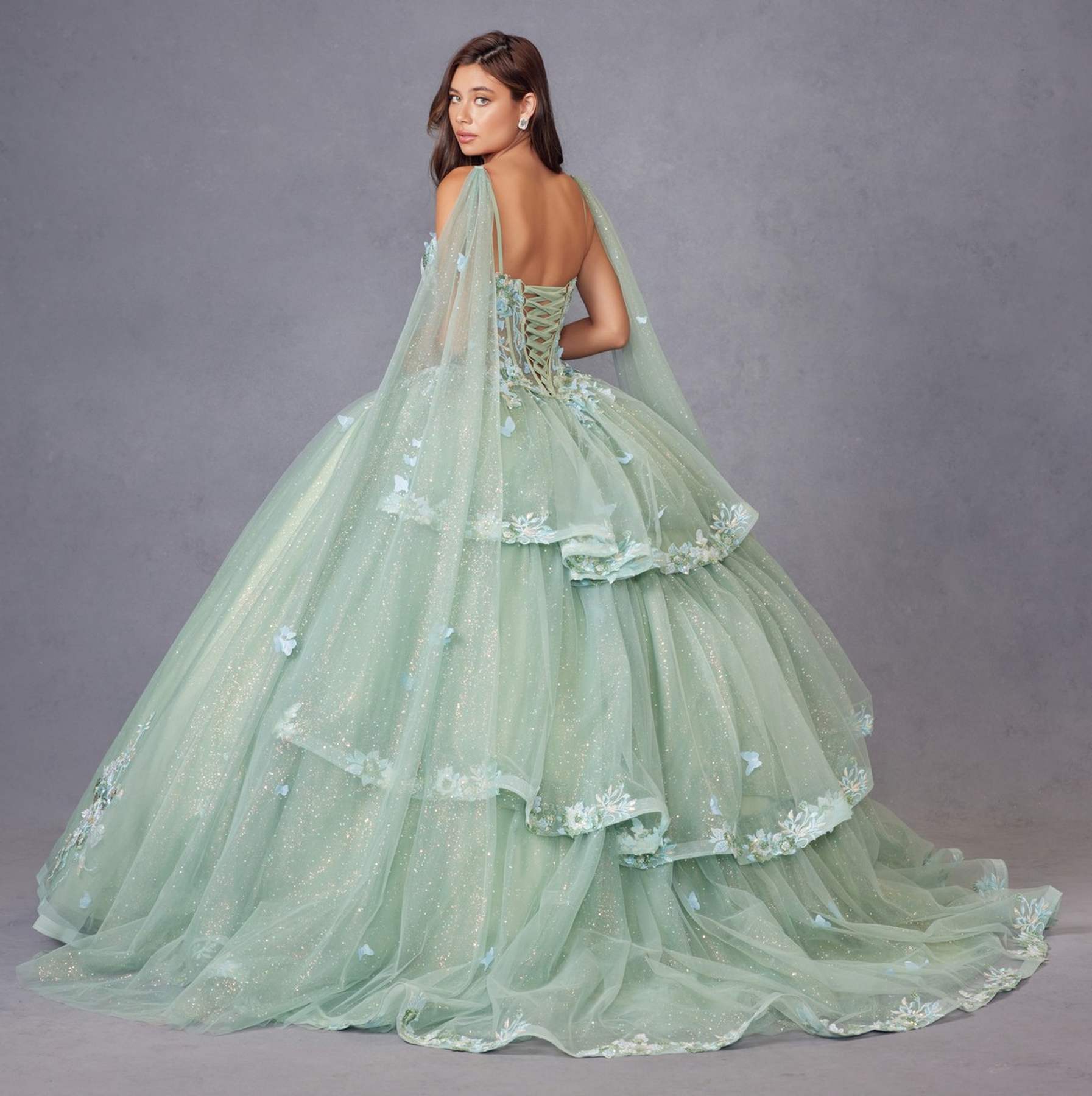 Juliet JT1466H Dress 3D Multi Floral Applique Cape Sleeve Quinceanera Gown by DiscountDressShop