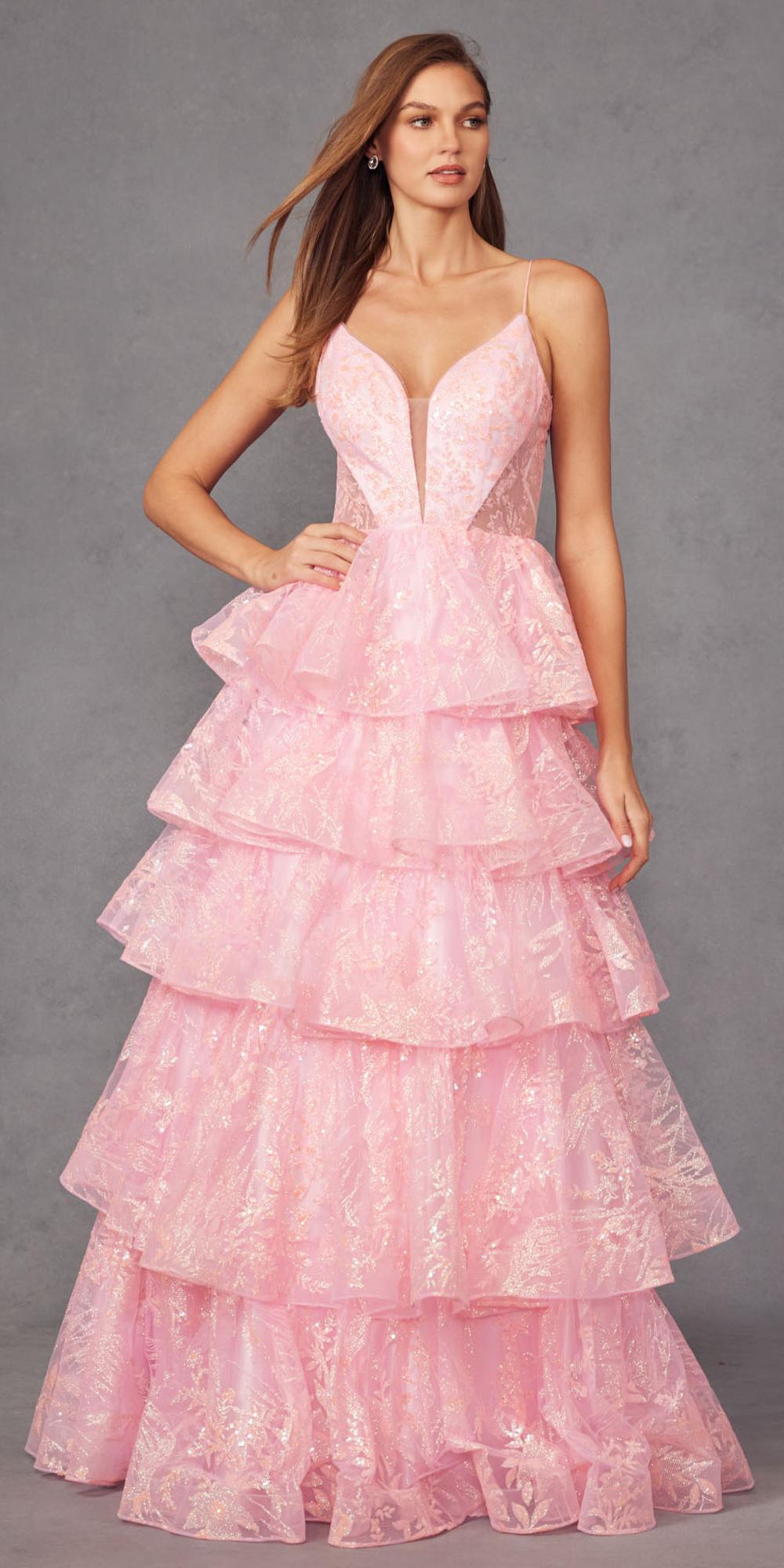 Juliet JT2438K Long Glitter Print Layered Tiered A-Line Gown by DiscountDressShop