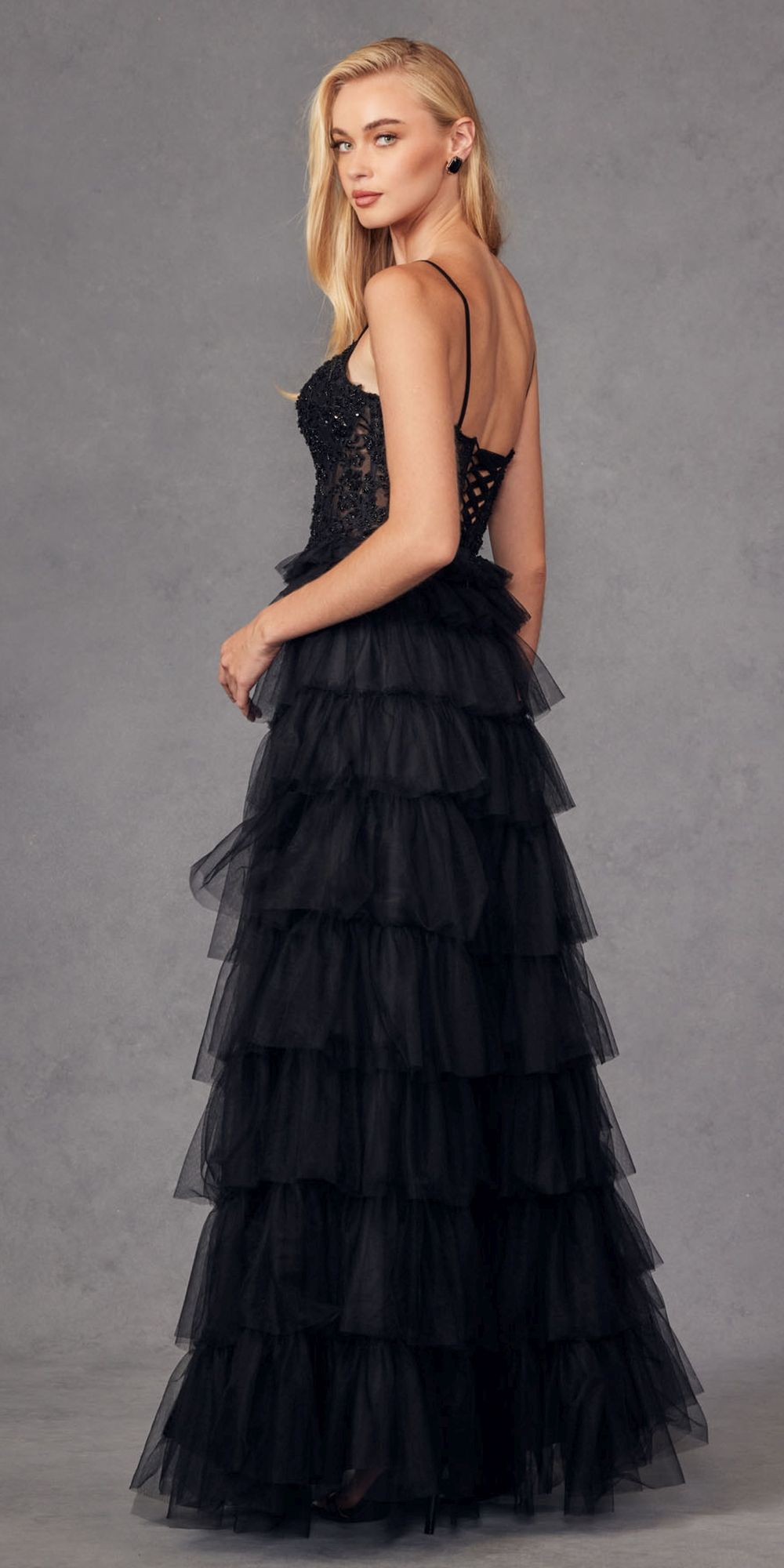 Juliet JT2451S Long Lace Bodice Sleeveless A-line Ruffled Gown by DiscountDressShop