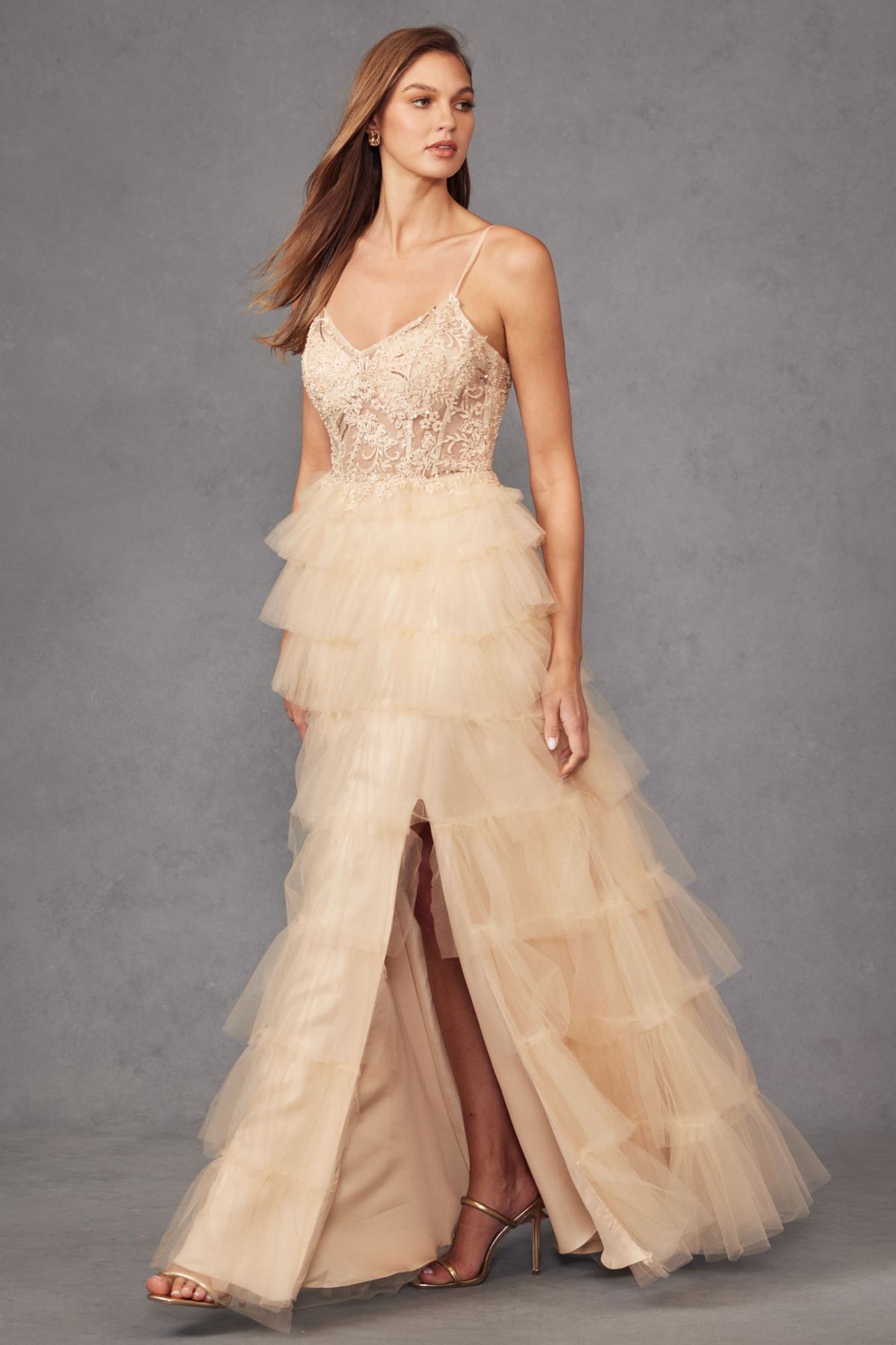 Juliet JT2451S Long Lace Bodice Sleeveless A-line Ruffled Gown by DiscountDressShop
