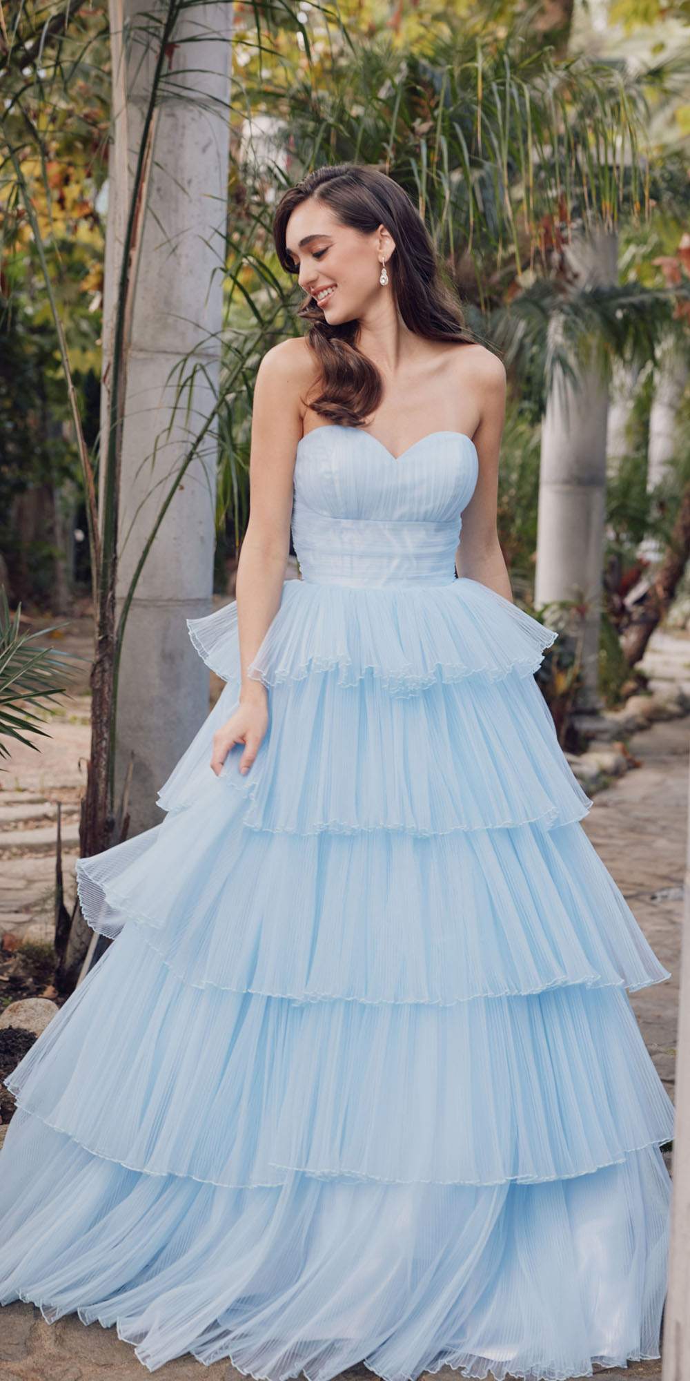 Juliet JT2452K Long Pleated Strapless Tiered Ruffle Tulle A-Line Gown by DiscountDressShop