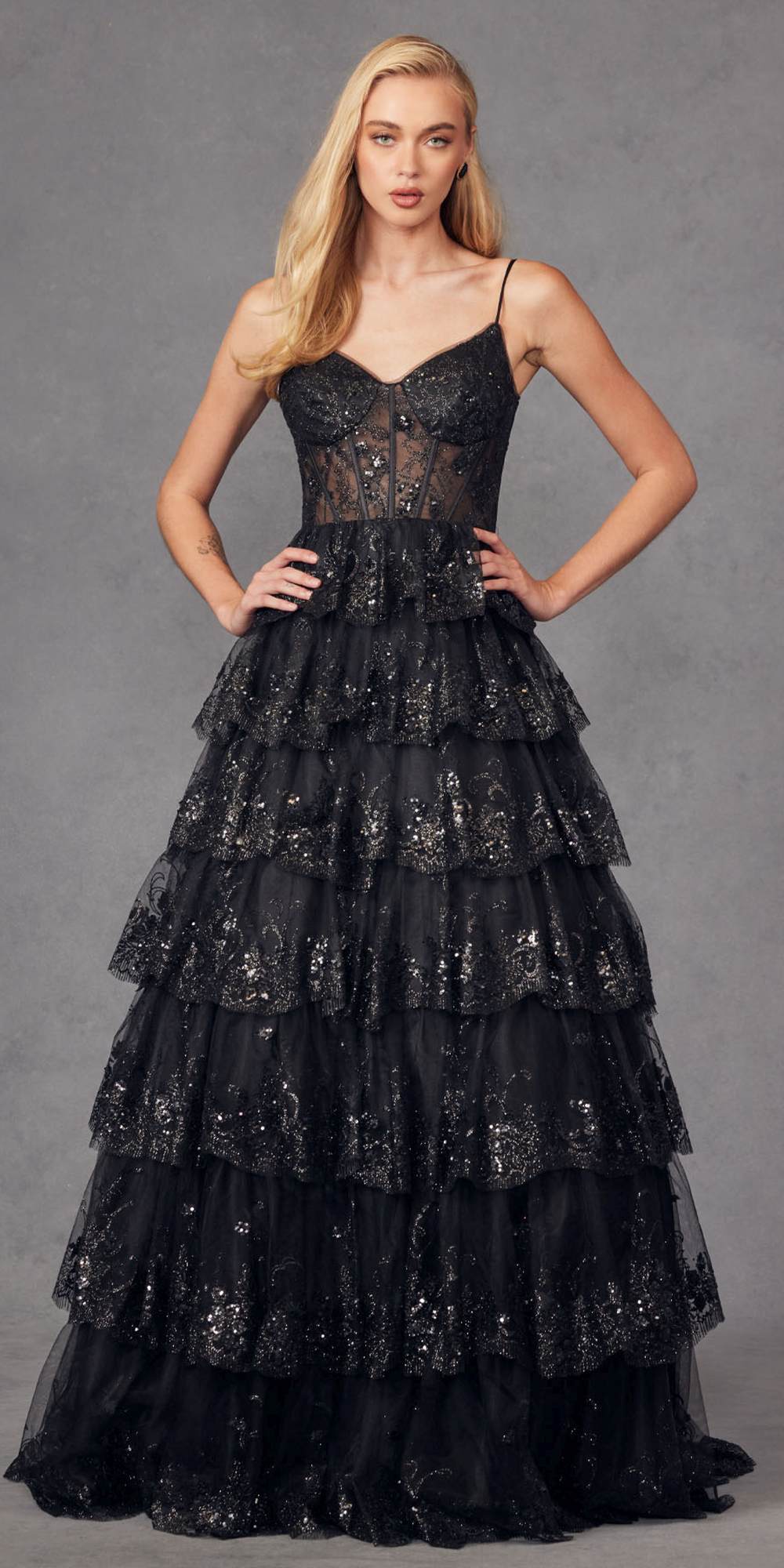 Juliet JT2454K Long Boned Bodice Tiered Layered Sequin Detail A-Line Gown by DiscountDressShop