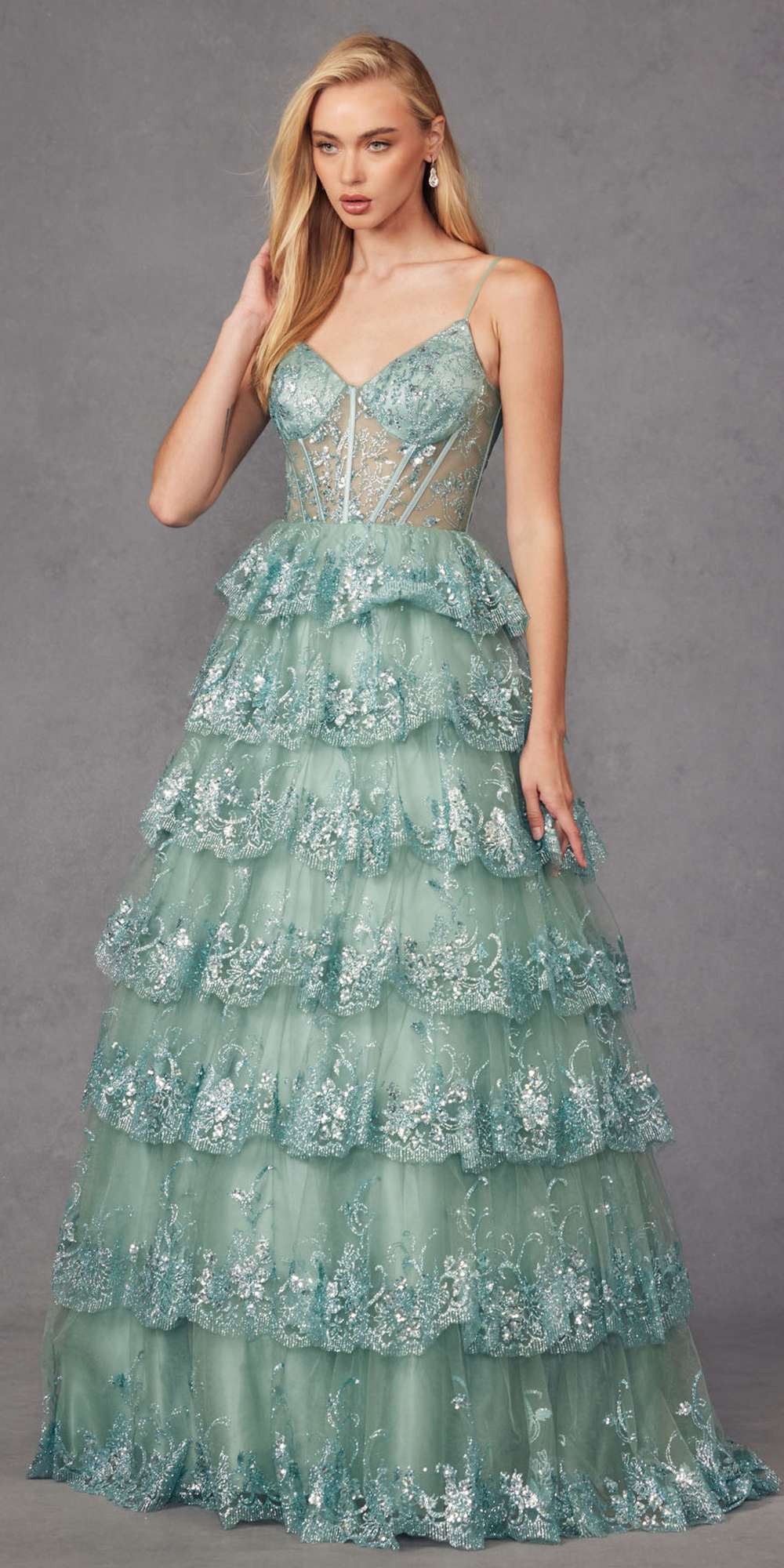 Juliet JT2454K Long Boned Bodice Tiered Layered Sequin Detail A-Line Gown by DiscountDressShop