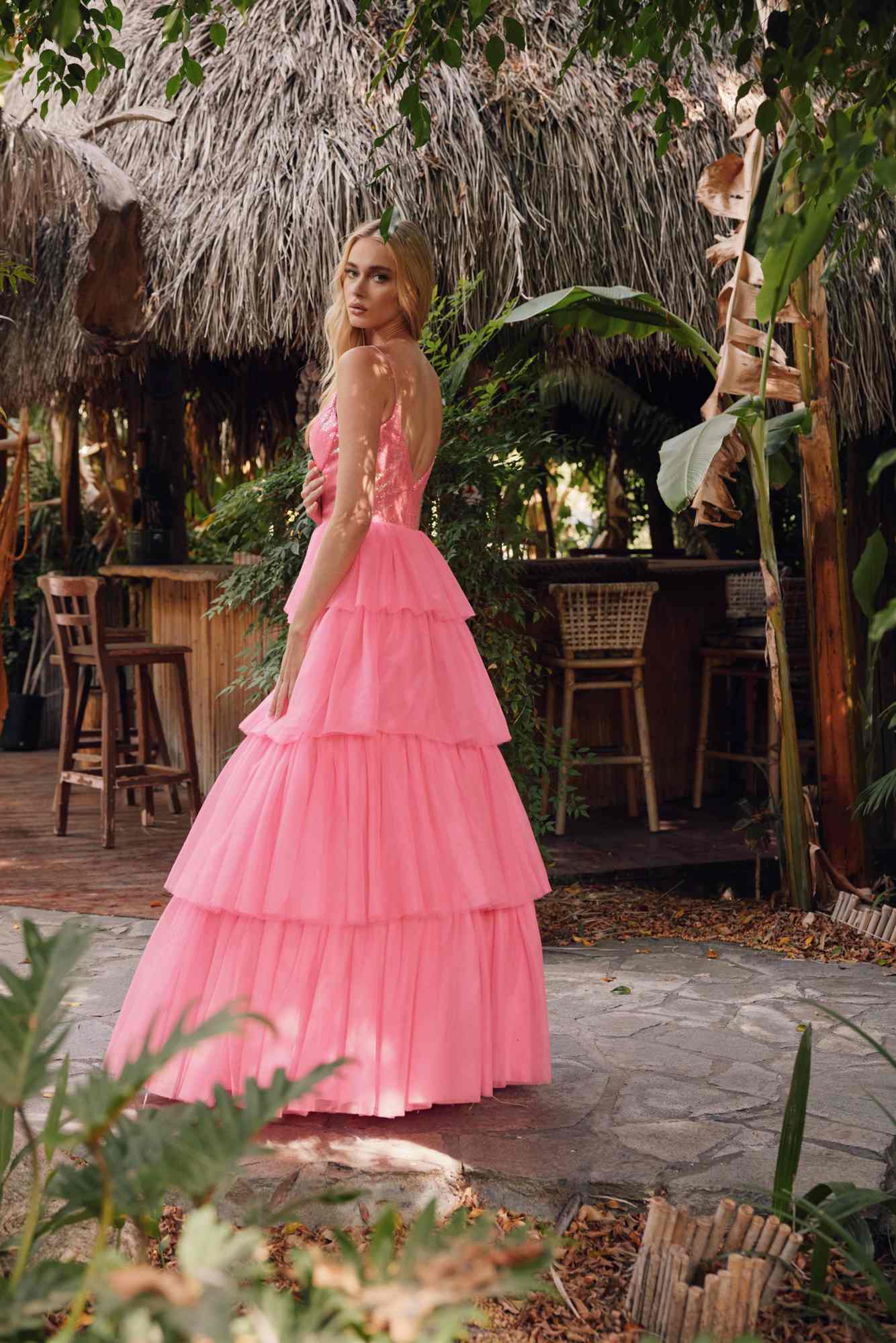 Juliet JT2457H Long Tiered Ruffled Tulle A-Line Sequin Bodice Dress by DiscountDressShop