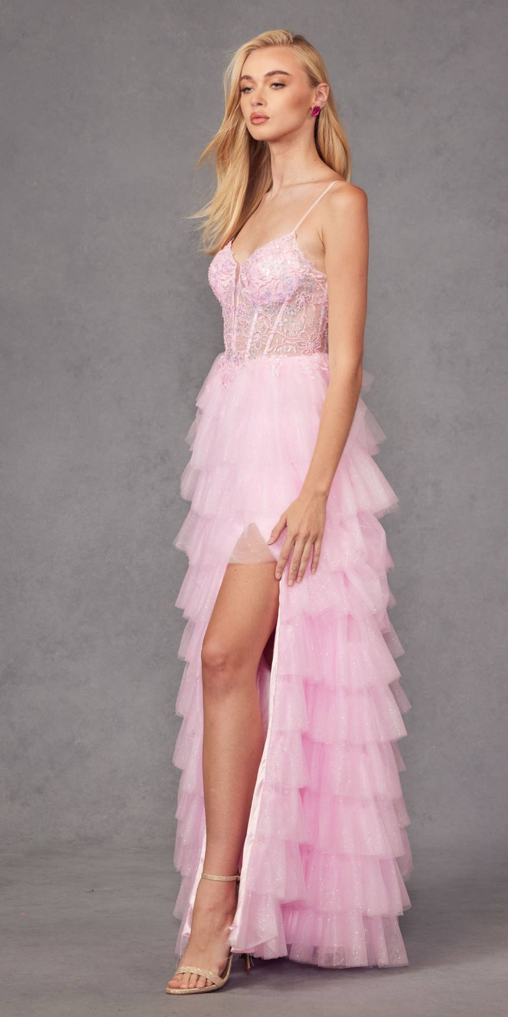 Juliet JT2458A Long Ruffle Tulle A-Line Ball Gown Bustier Bodice Thin Straps by DiscountDressShop