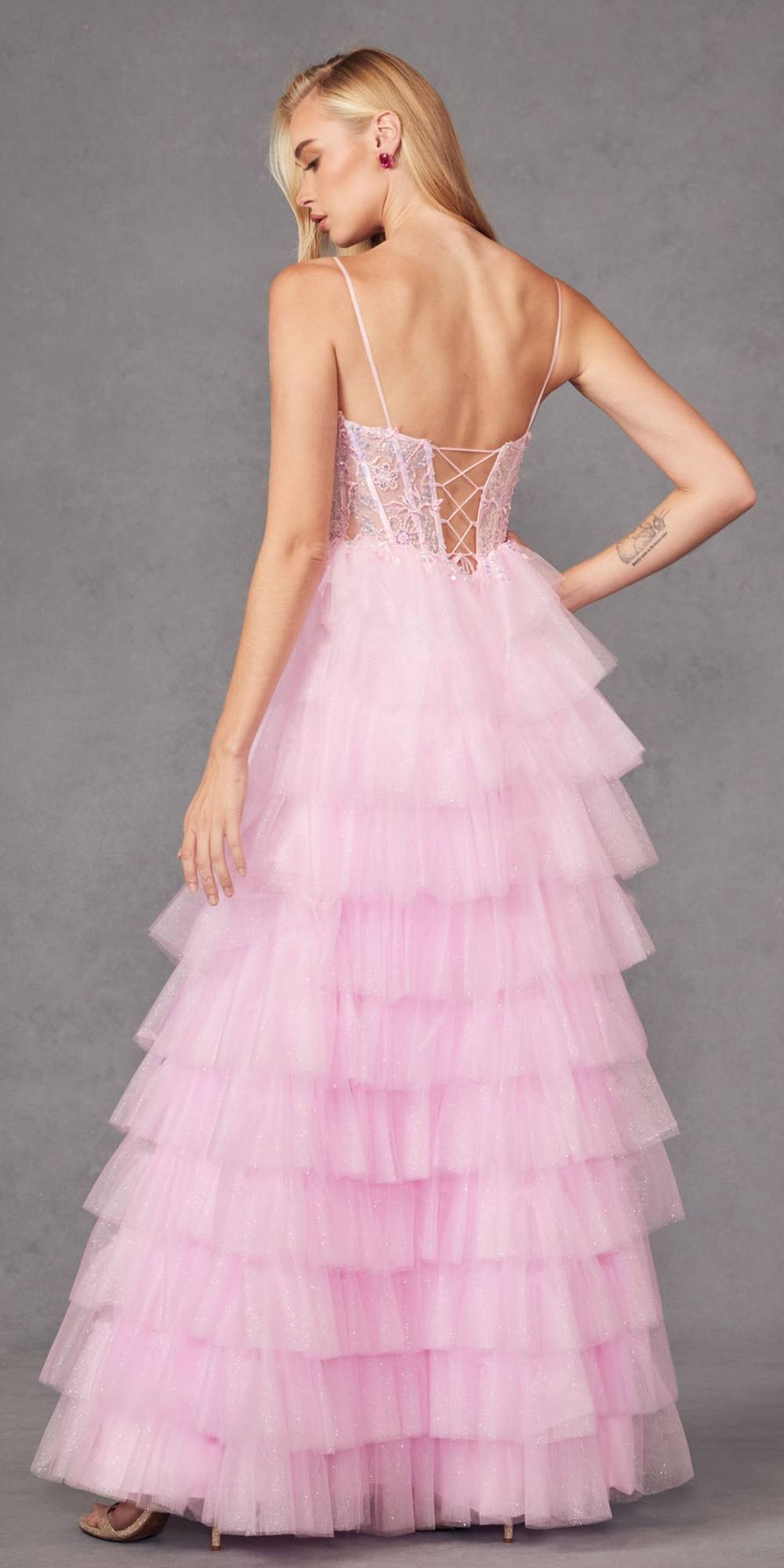 Juliet JT2458A Long Ruffle Tulle A-Line Ball Gown Bustier Bodice Thin Straps by DiscountDressShop