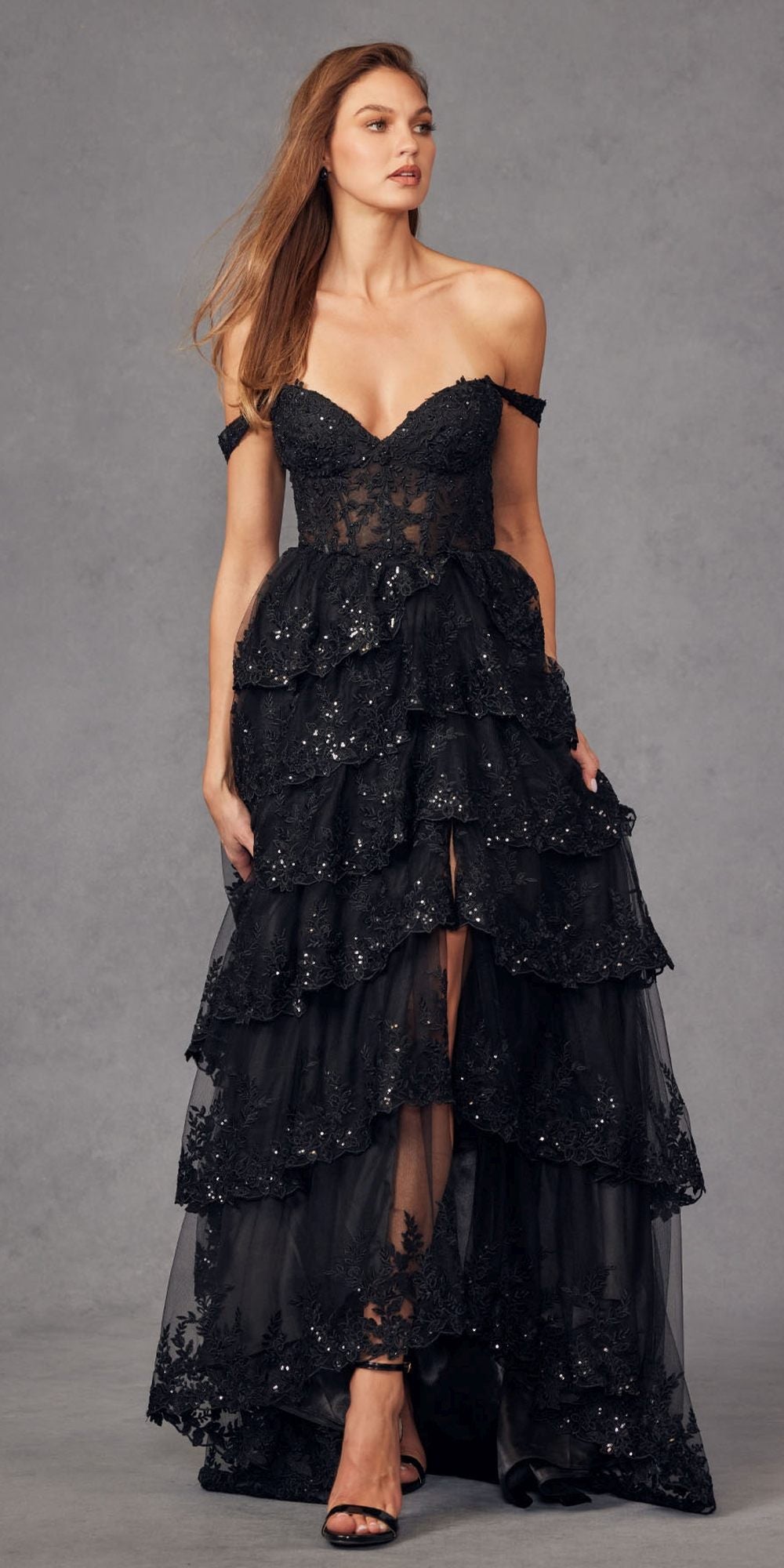 Juliet JT2463A Long Tiered Ruffled Skirt A-Line Boned Bodice Dress by DiscountDressShop