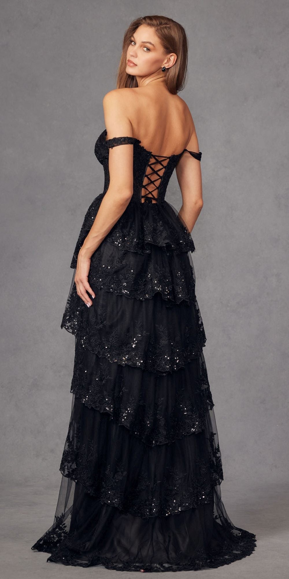 Juliet JT2463A Long Tiered Ruffled Skirt A-Line Boned Bodice Dress by DiscountDressShop