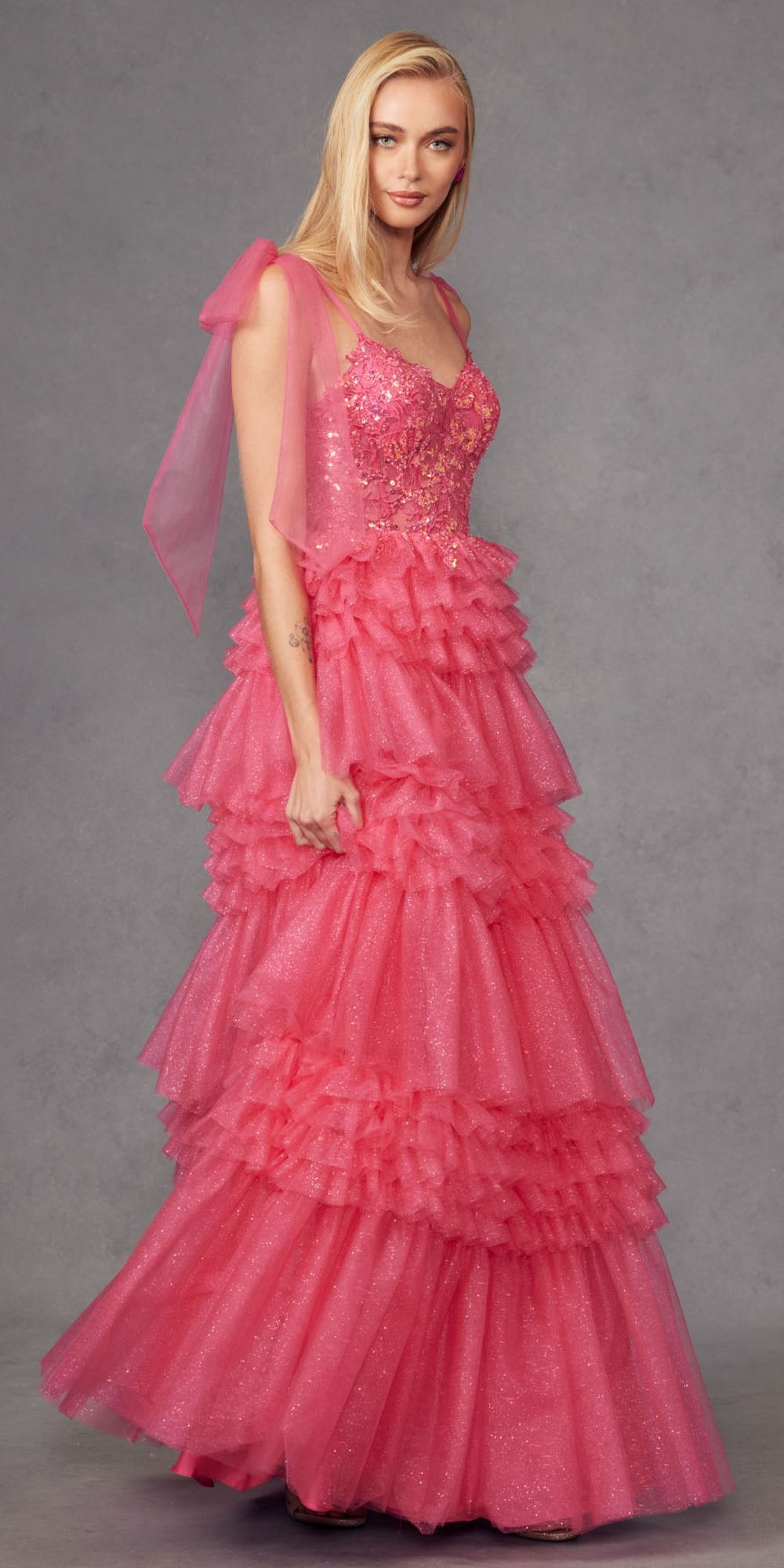 Juliet JT2465A Long Glitter Tulle A-Line Leg Slit Ribbon Bow Strap Gown by DiscountDressShop