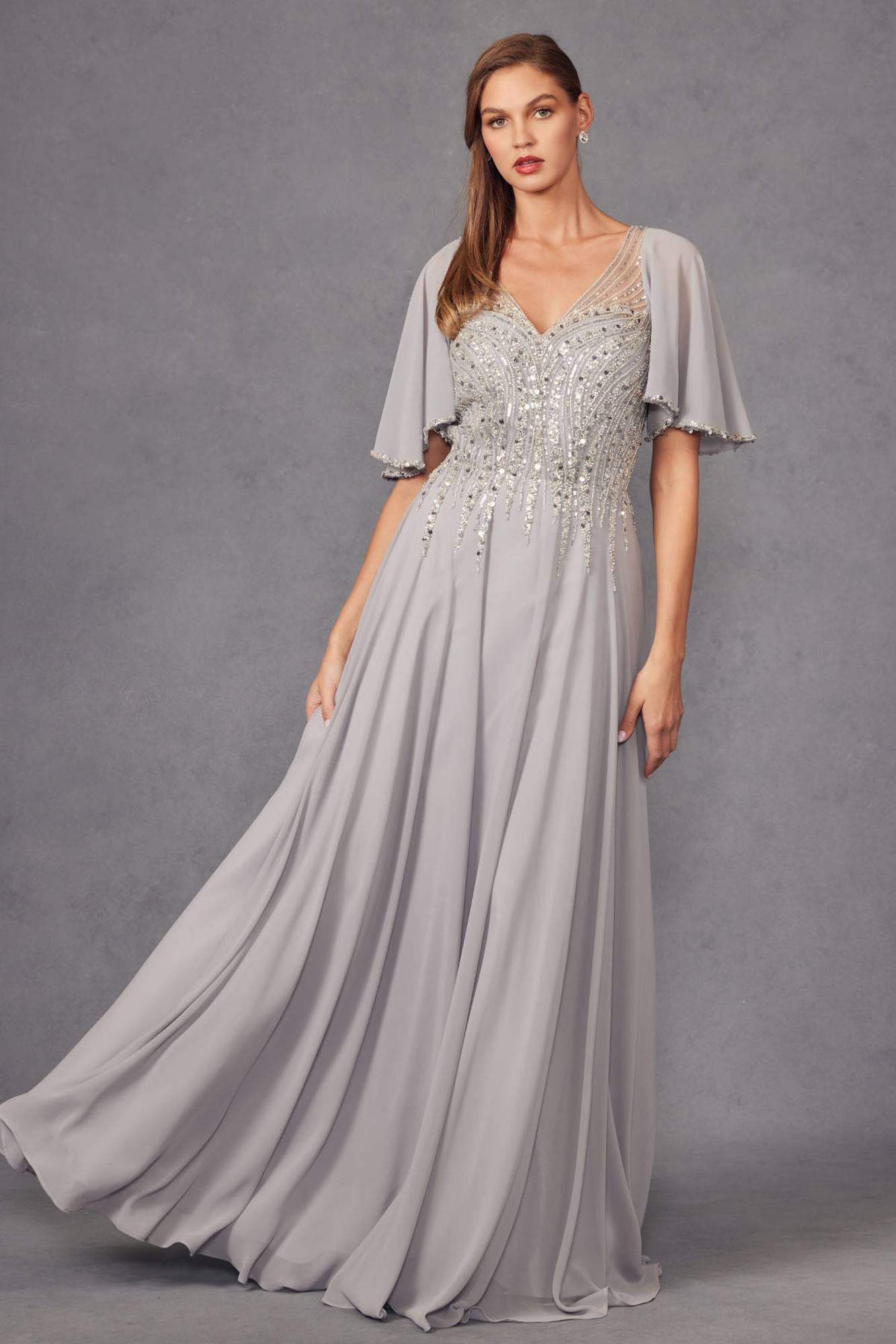 Juliet JTM14F Long A-Line Flutter Mid-Length Sleeve Evening Gown by DiscountDressShop
