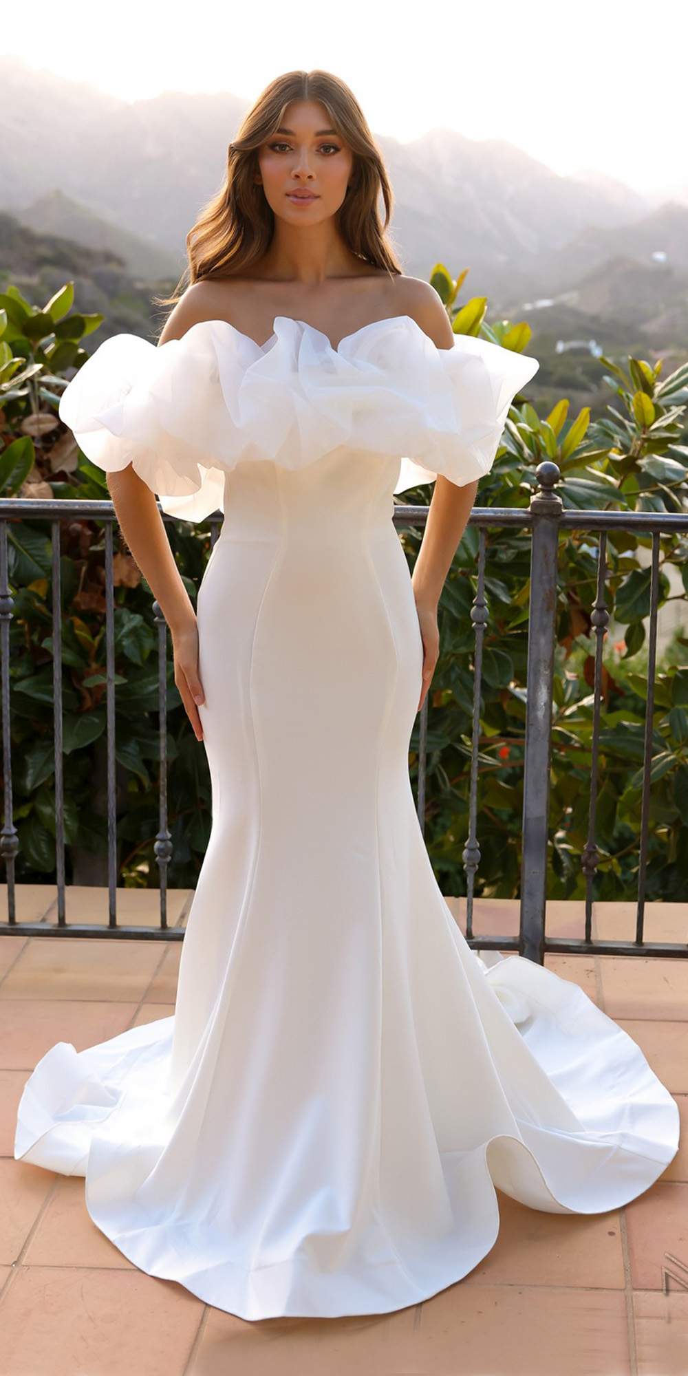 Nox Anabel JW984 Long Ruffled Off Shoulder Bridal Mermaid Gown by DiscountDressShop
