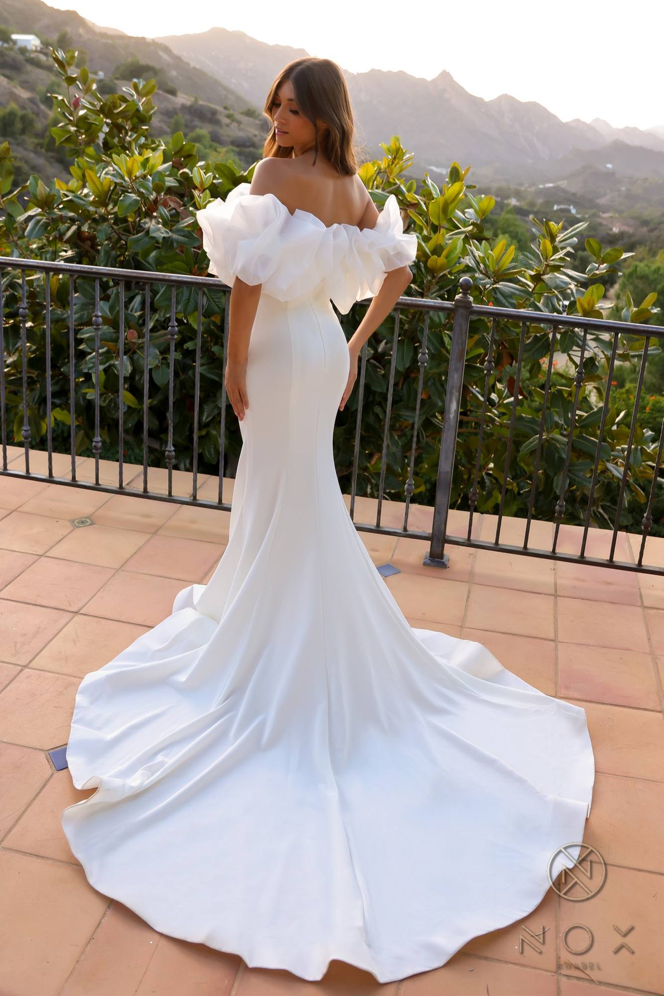 Nox Anabel JW984 Long Ruffled Off Shoulder Bridal Mermaid Gown by DiscountDressShop