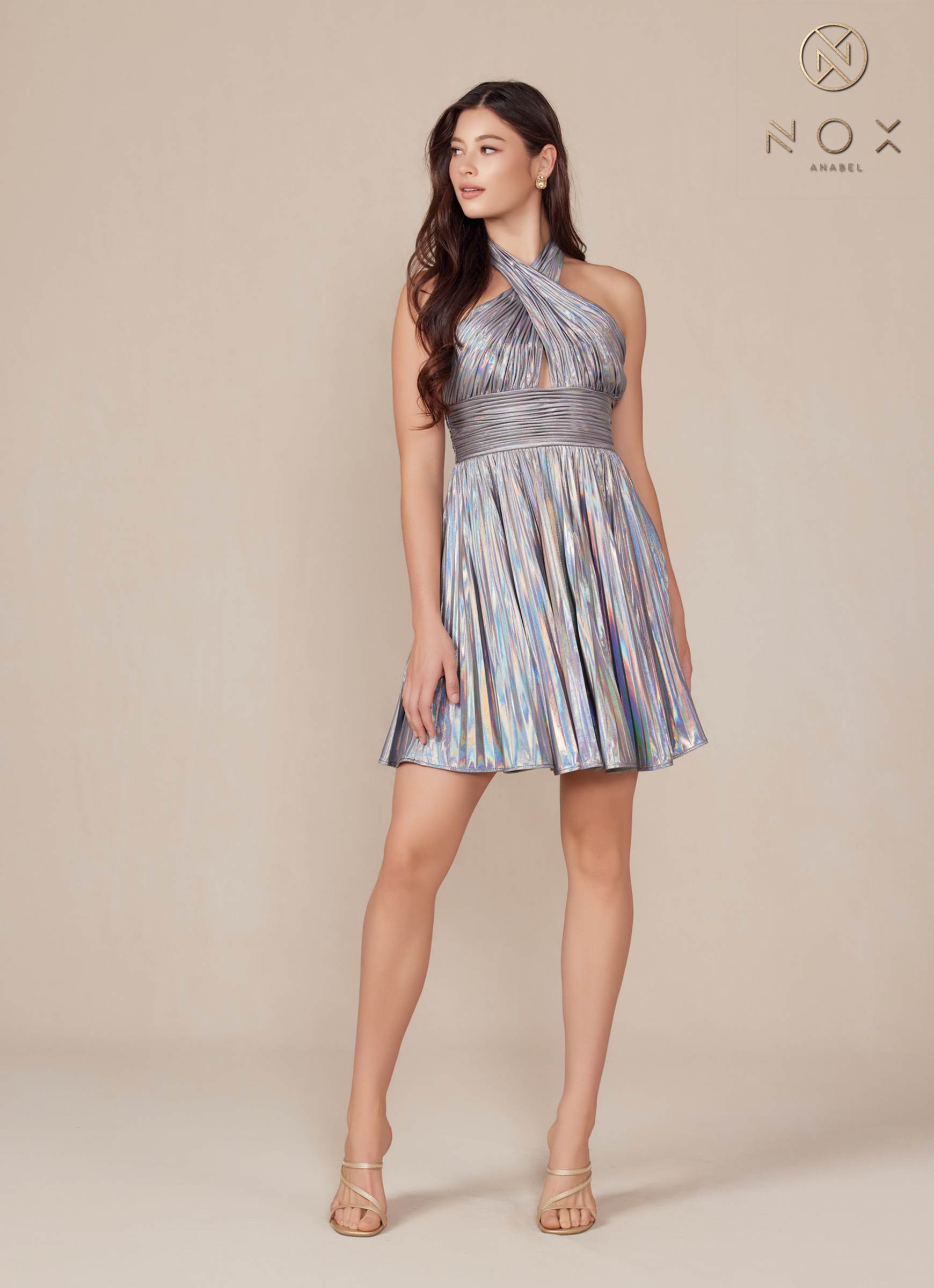 Nox Anabel K822 Short Halter Top Pleated Homecoming Dress by DiscountDressShop