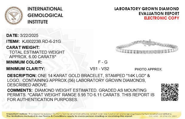 IGI Certified 14K White Gold 6.0 Cttw Lab Grown Diamond Tennis Bracelet DestGlow